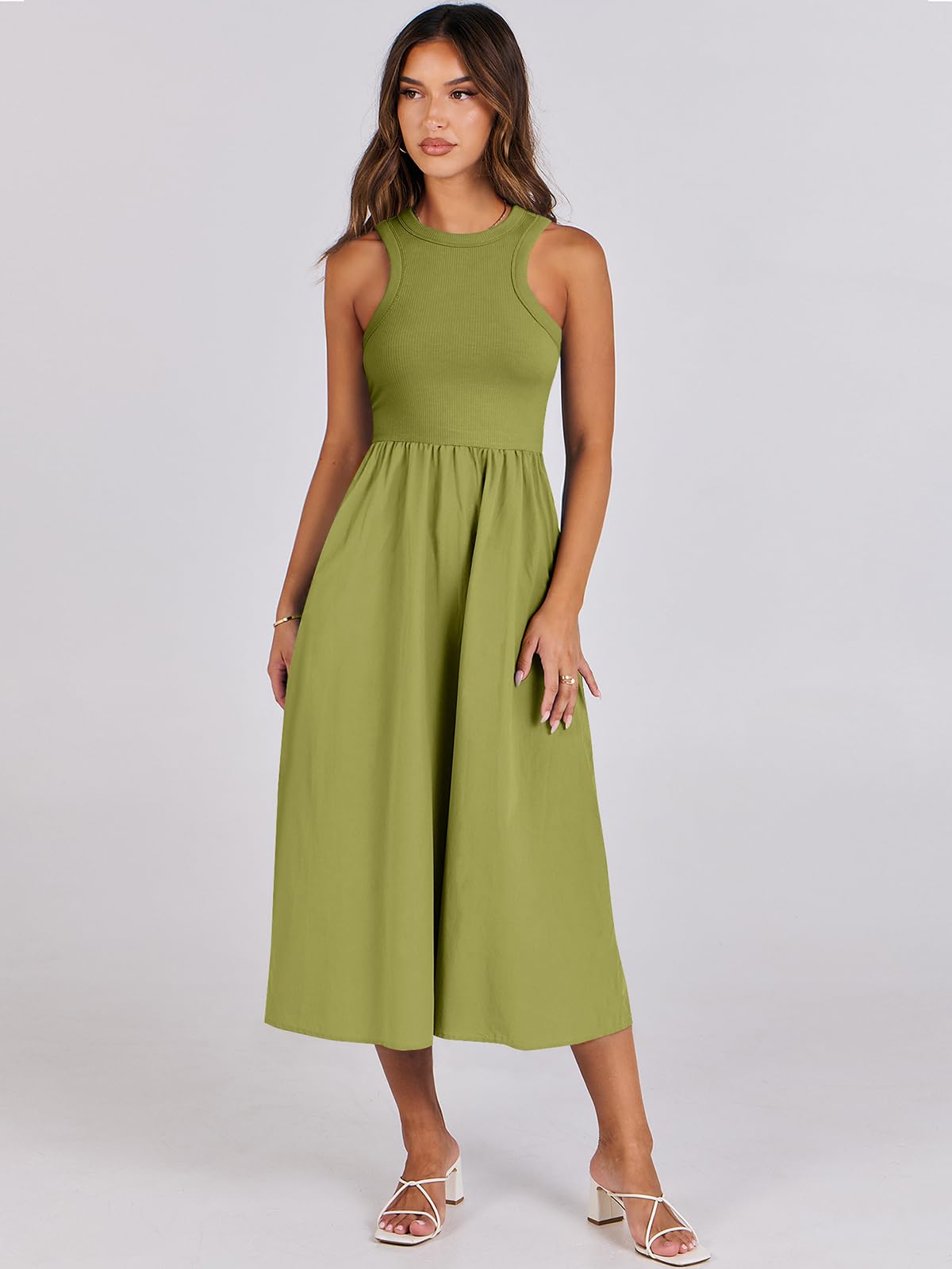 Women's Summer Casual Sleeveless Midi Sundress Knit High Neck Tank Top Racerback Flowy Dresses