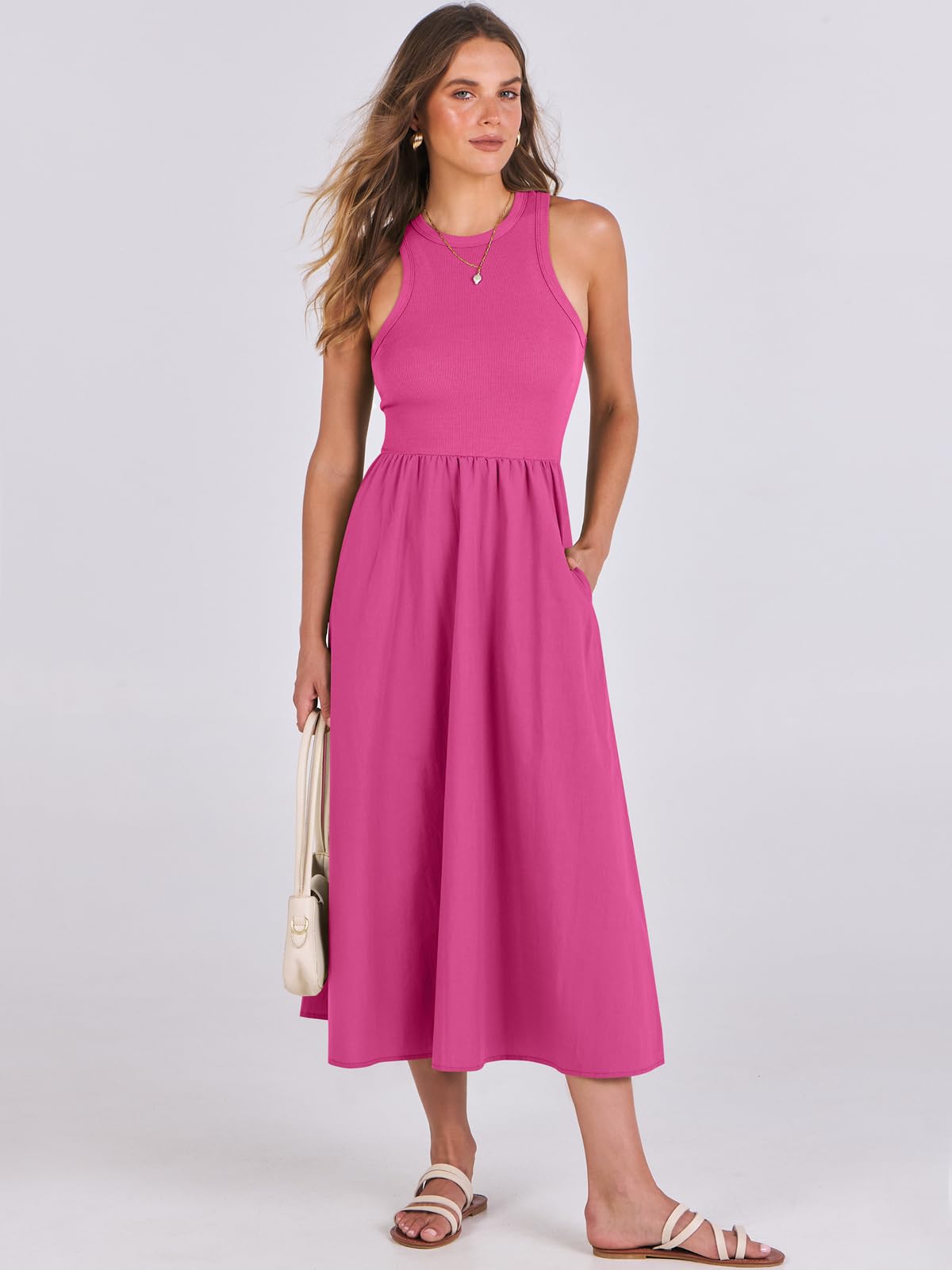 Women's Summer Casual Sleeveless Midi Sundress Knit High Neck Tank Top Racerback Flowy Dresses