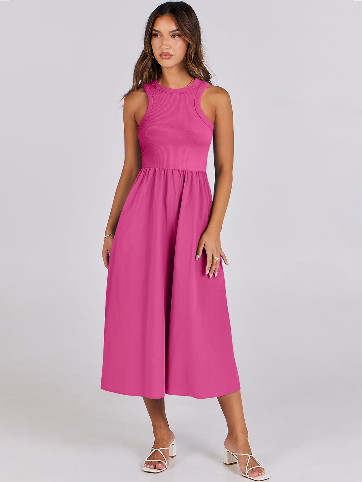 Women's Summer Casual Sleeveless Midi Sundress Knit High Neck Tank Top Racerback Flowy Dresses