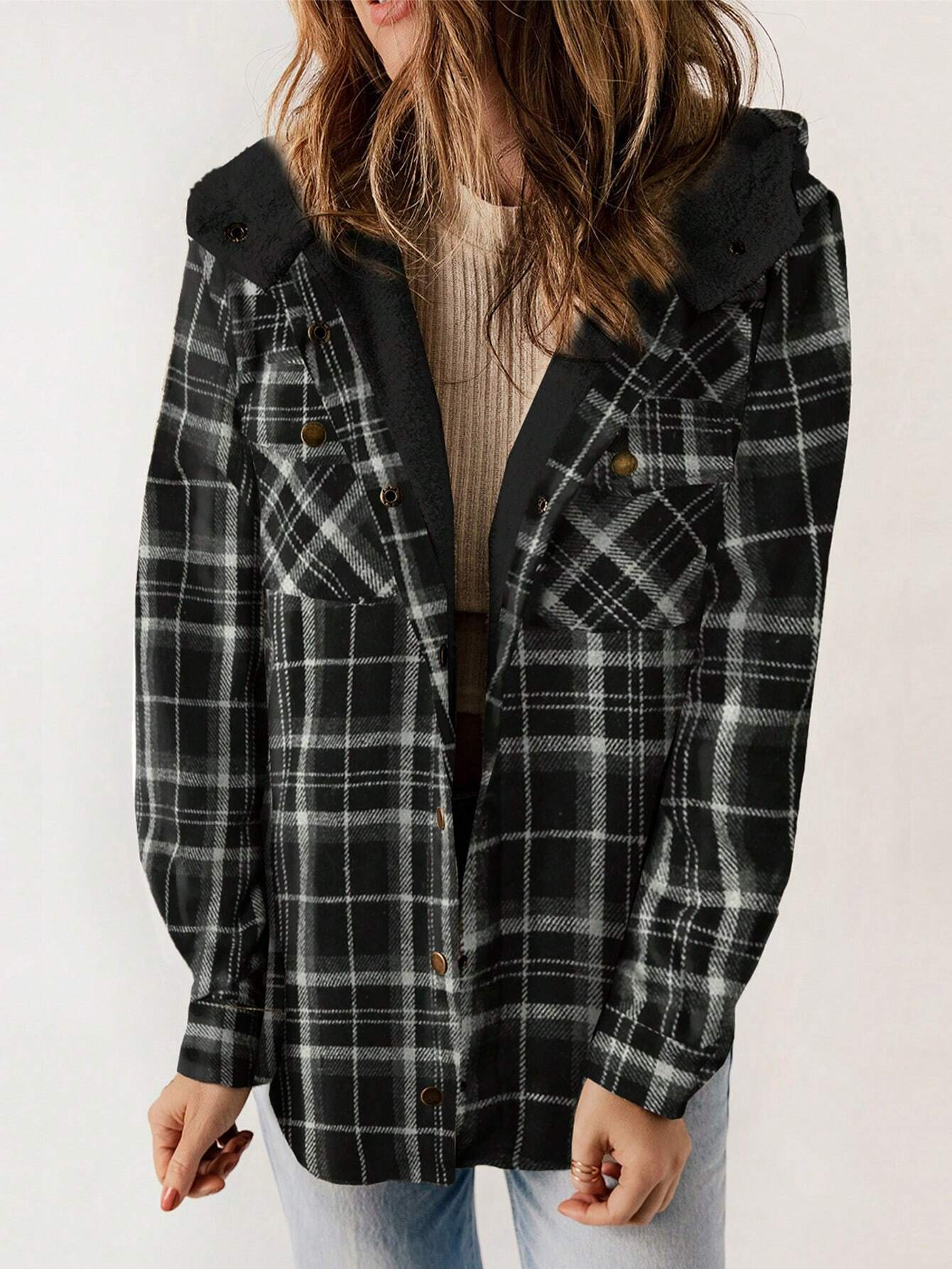 🔥Women's Casual Plaid Flap Pocket Hooded Fleece Teddy Bear Jacket