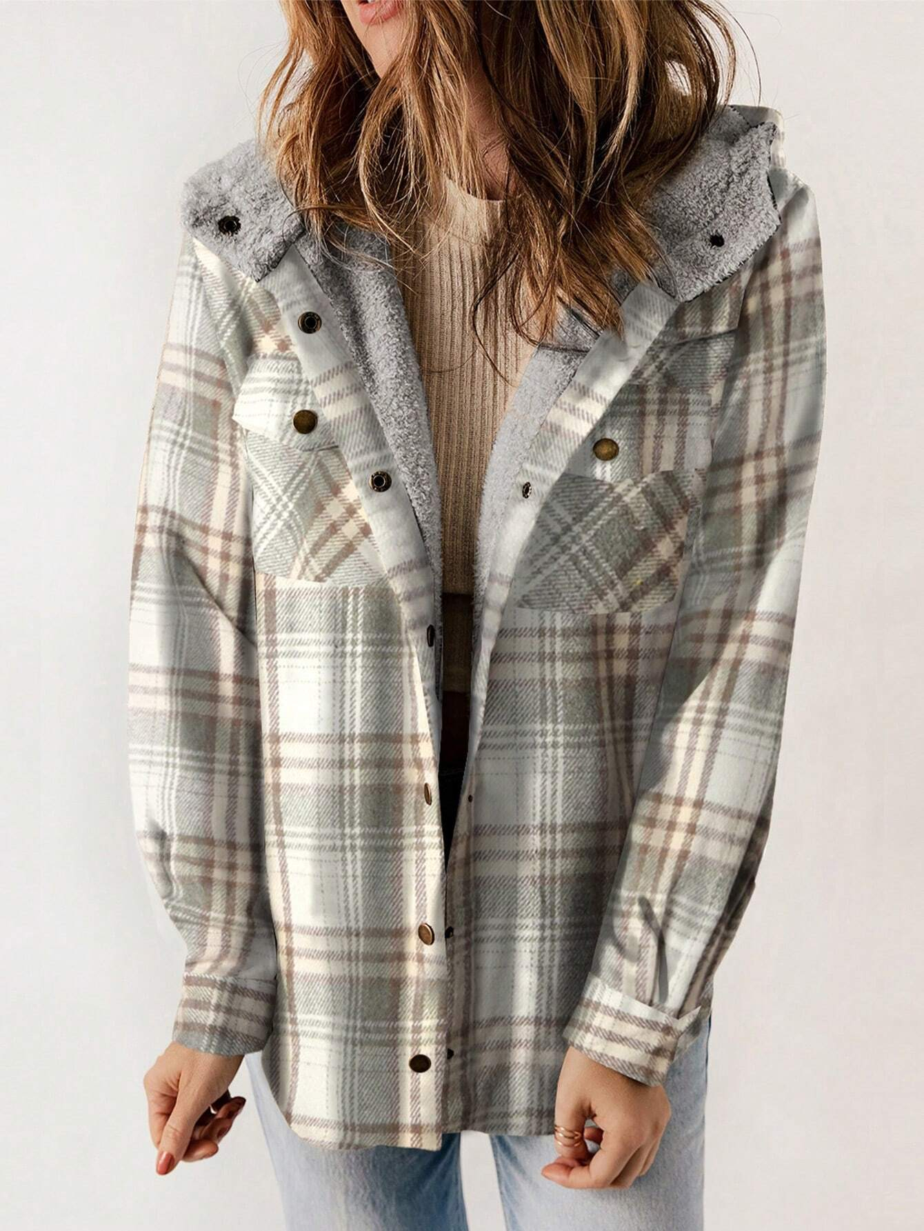 🔥Women's Casual Plaid Flap Pocket Hooded Fleece Teddy Bear Jacket