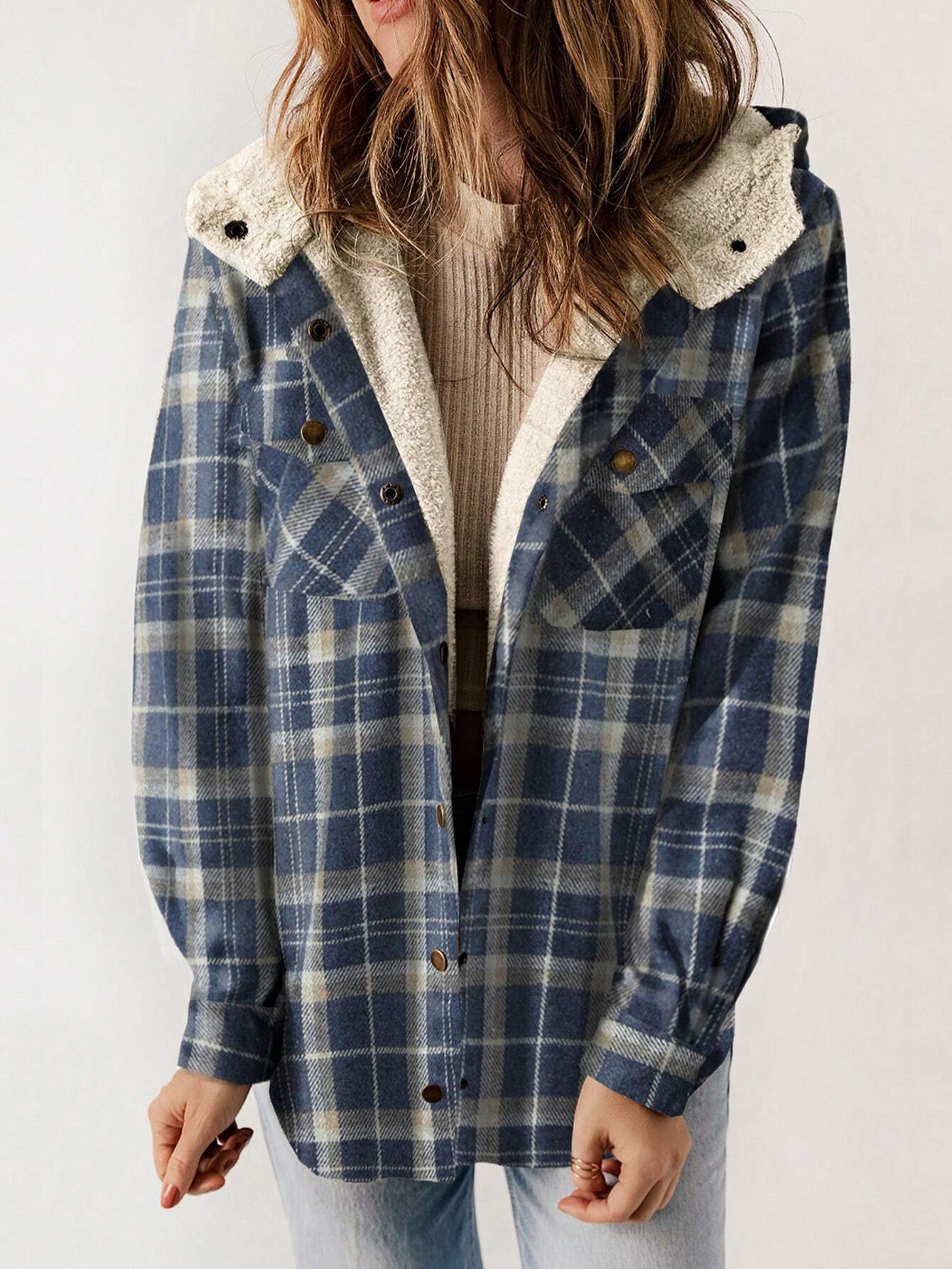 🔥Women's Casual Plaid Flap Pocket Hooded Fleece Teddy Bear Jacket