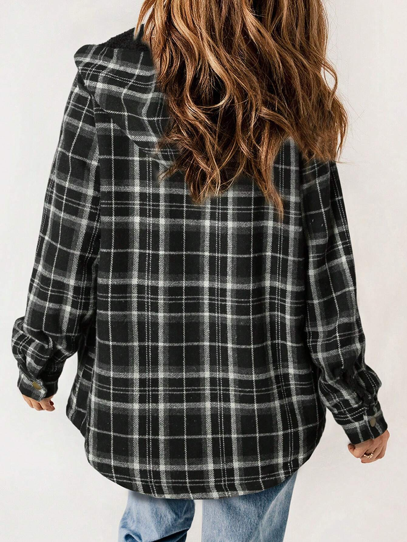 🔥Women's Casual Plaid Flap Pocket Hooded Fleece Teddy Bear Jacket