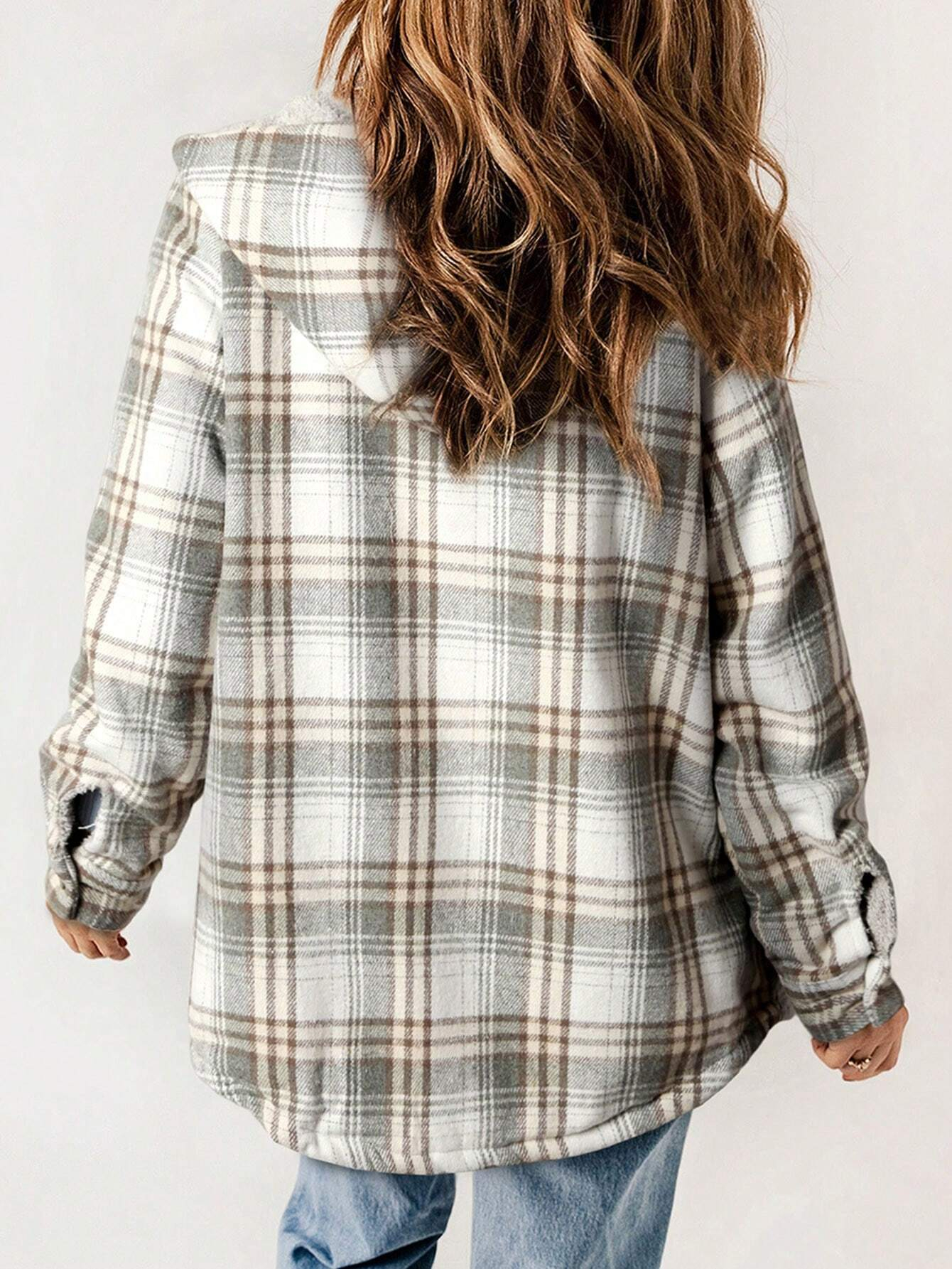 🔥Women's Casual Plaid Flap Pocket Hooded Fleece Teddy Bear Jacket