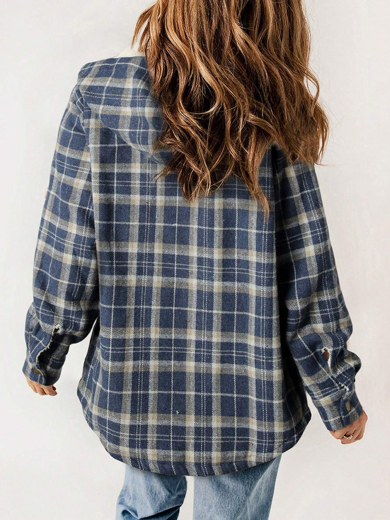 🔥Women's Casual Plaid Flap Pocket Hooded Fleece Teddy Bear Jacket