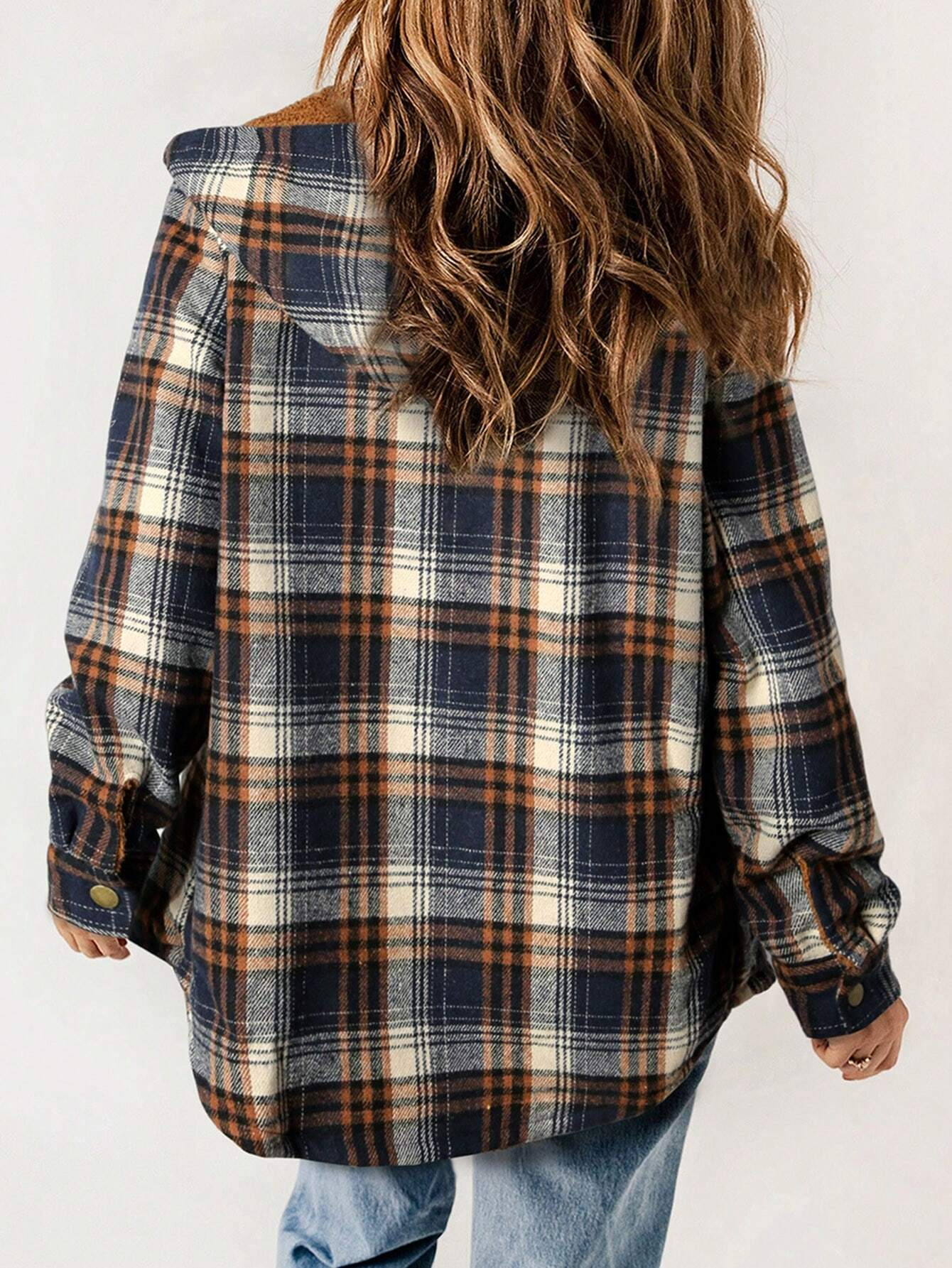 🔥Women's Casual Plaid Flap Pocket Hooded Fleece Teddy Bear Jacket