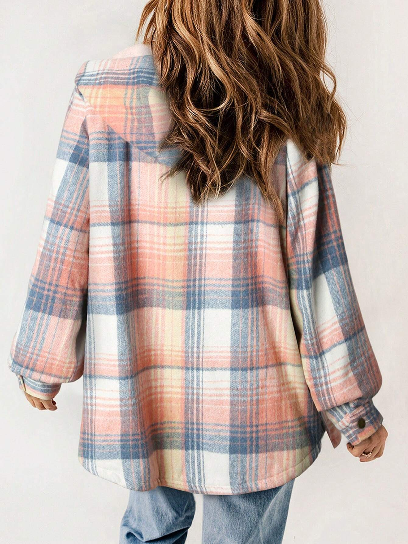 🔥Women's Casual Plaid Flap Pocket Hooded Fleece Teddy Bear Jacket