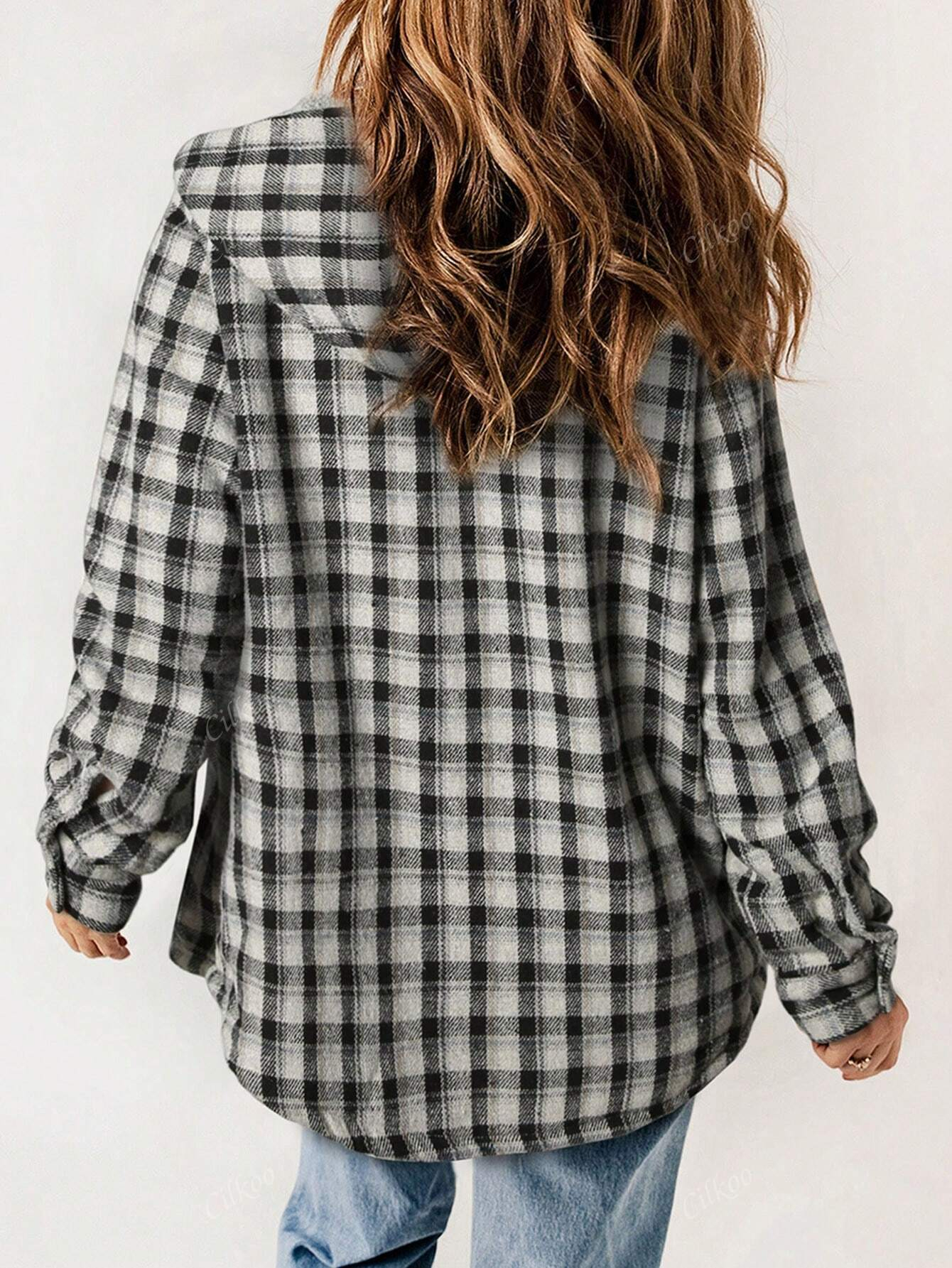 🔥Women's Casual Plaid Flap Pocket Hooded Fleece Teddy Bear Jacket