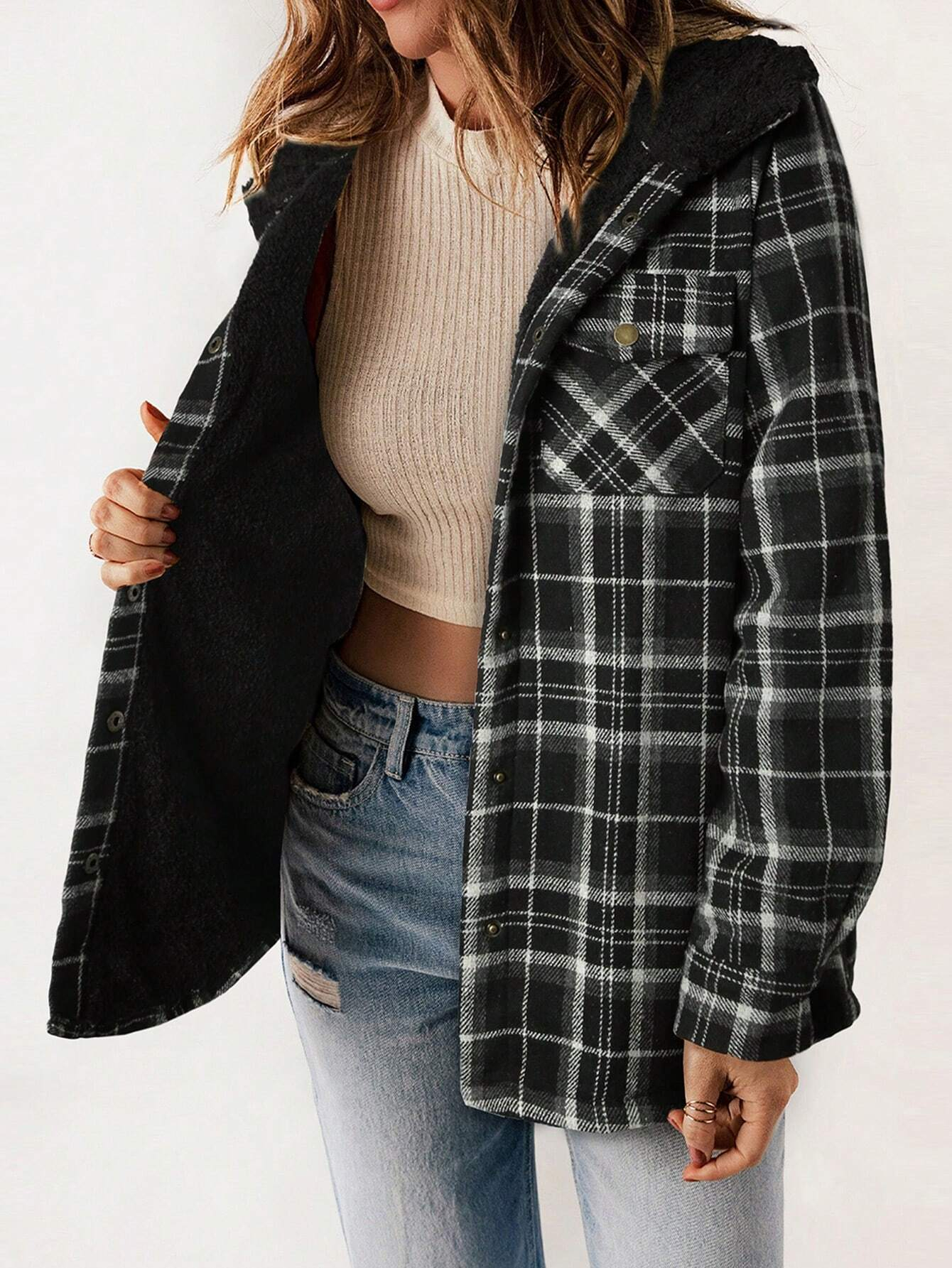 🔥Women's Casual Plaid Flap Pocket Hooded Fleece Teddy Bear Jacket