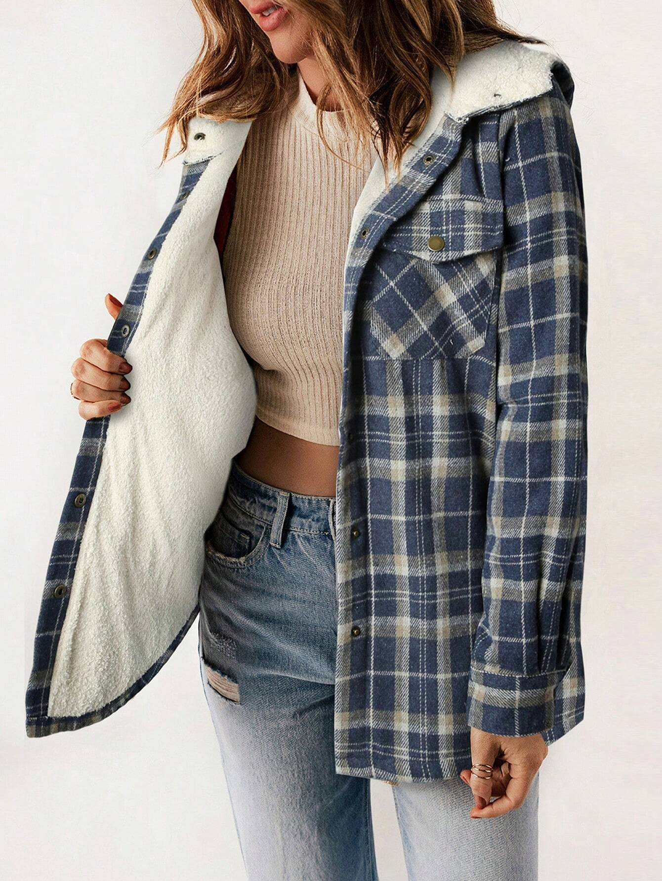 🔥Women's Casual Plaid Flap Pocket Hooded Fleece Teddy Bear Jacket