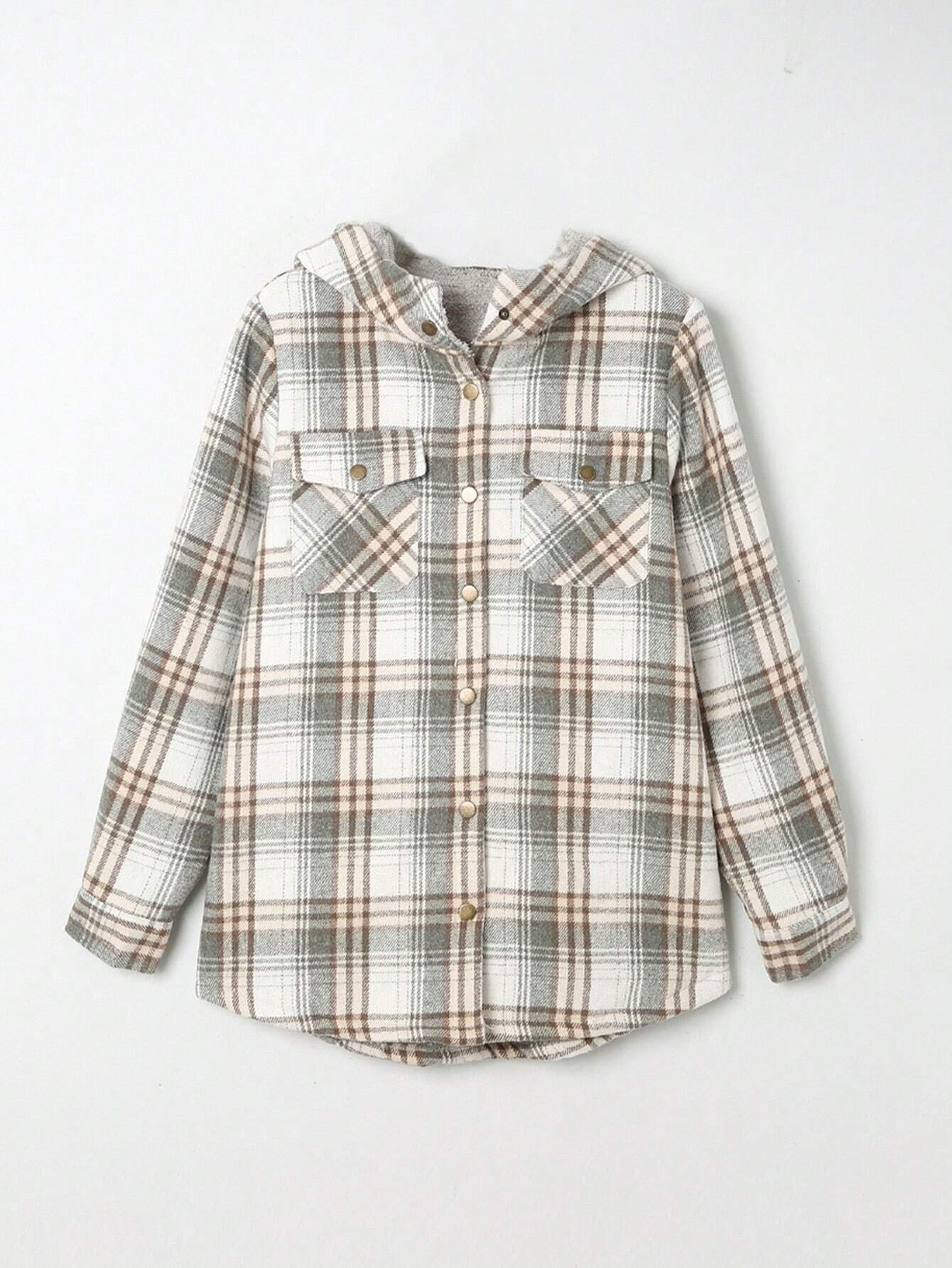 🔥Women's Casual Plaid Flap Pocket Hooded Fleece Teddy Bear Jacket