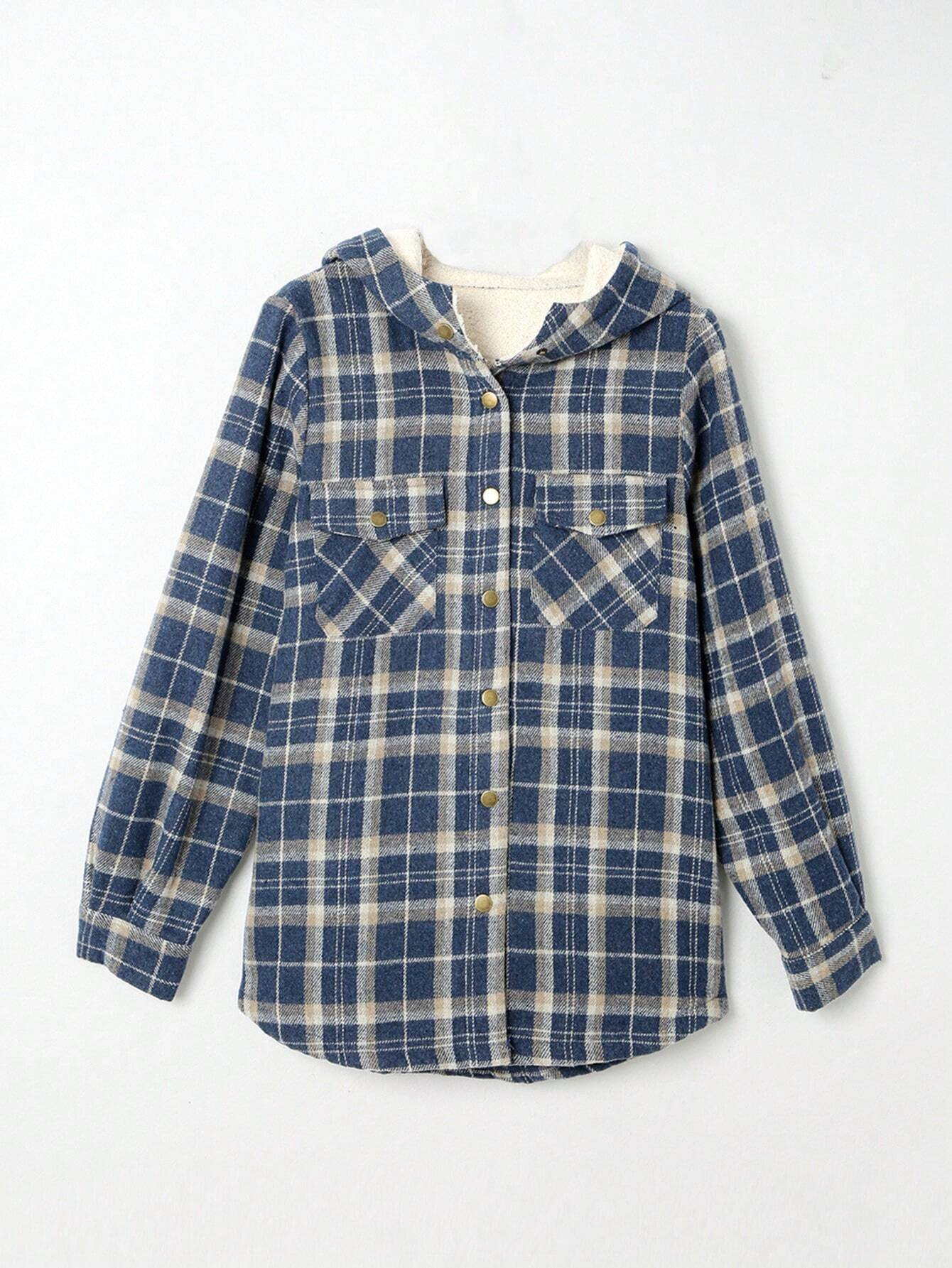🔥Women's Casual Plaid Flap Pocket Hooded Fleece Teddy Bear Jacket