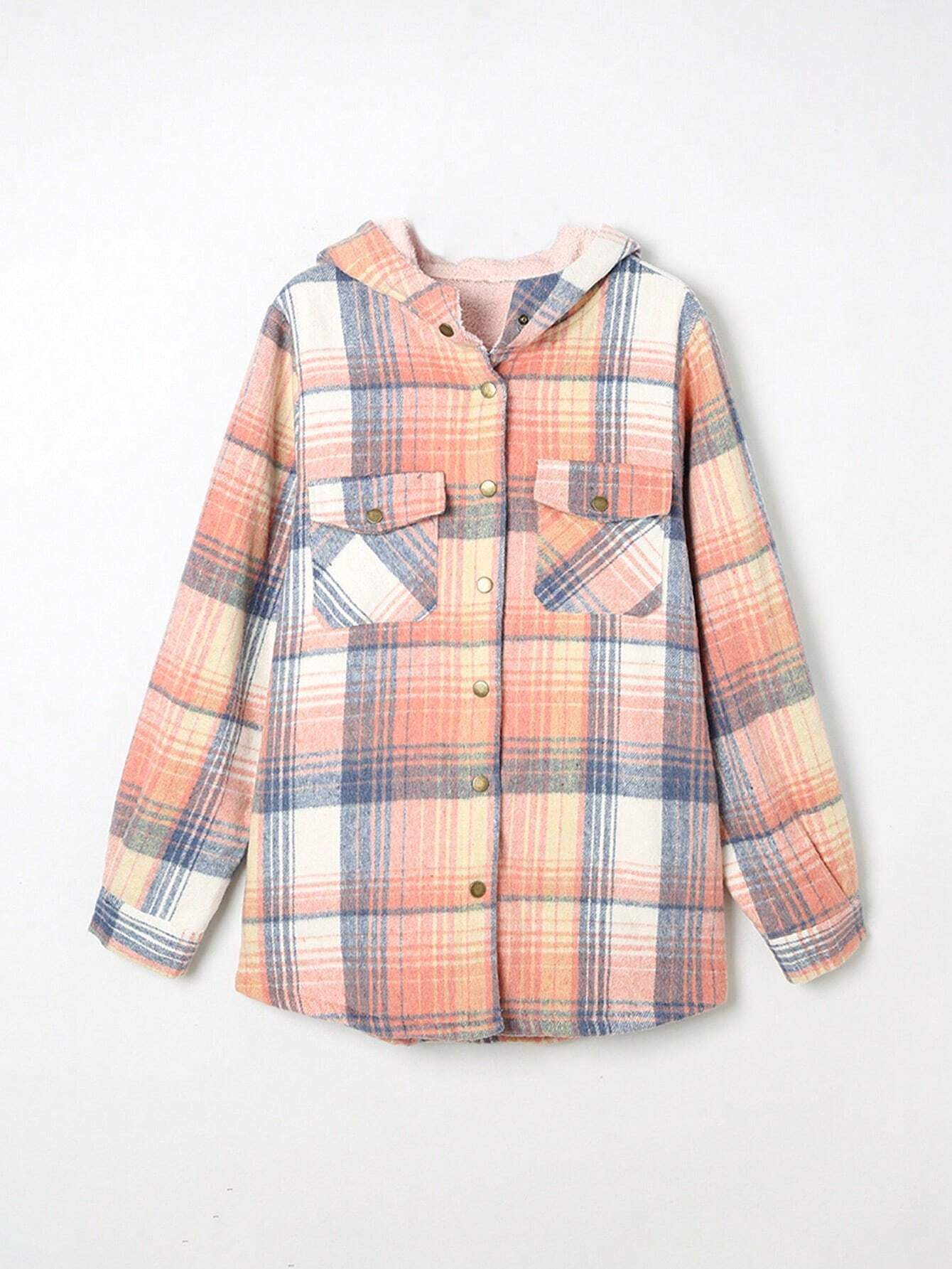 🔥Women's Casual Plaid Flap Pocket Hooded Fleece Teddy Bear Jacket