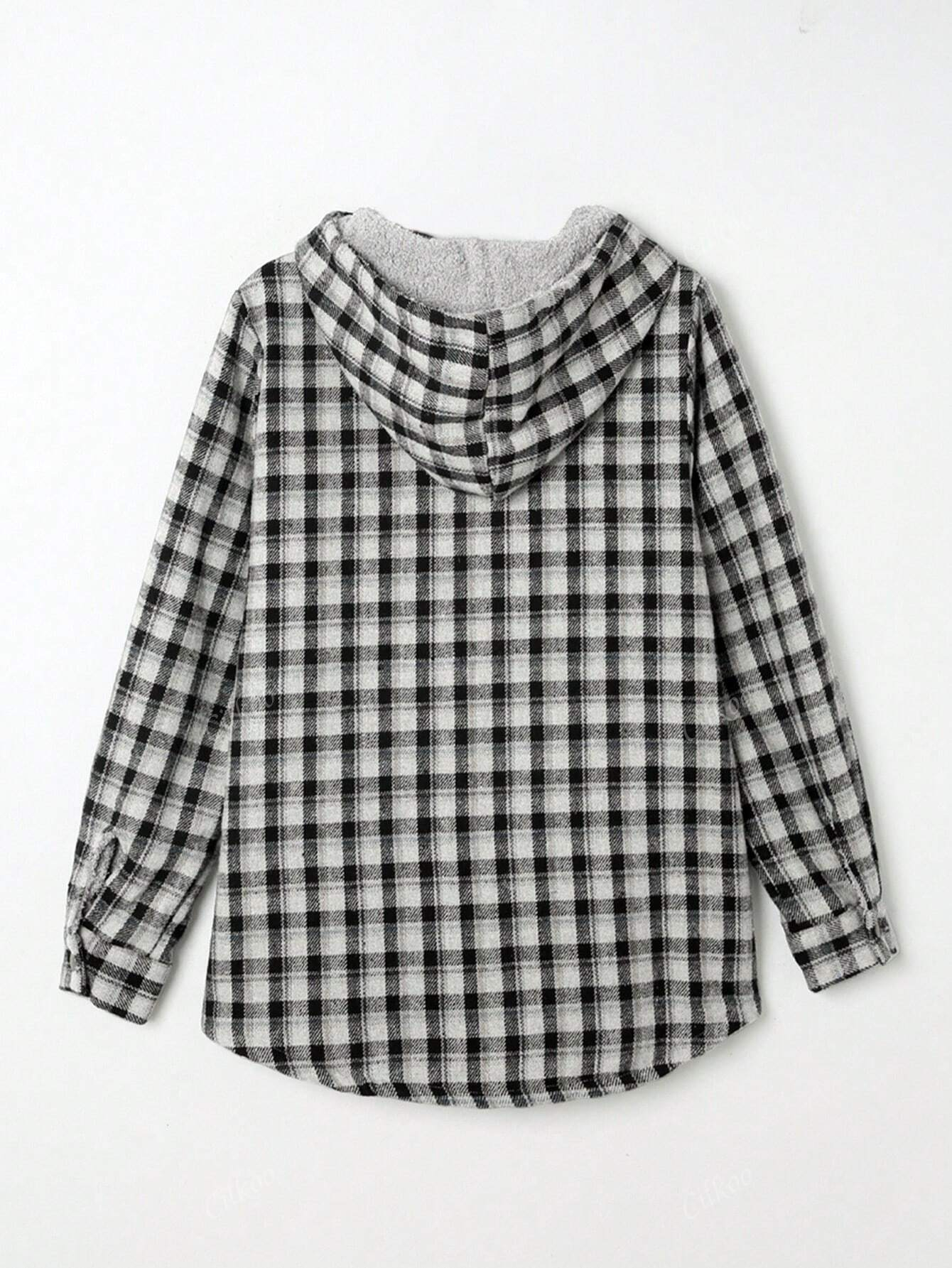 🔥Women's Casual Plaid Flap Pocket Hooded Fleece Teddy Bear Jacket