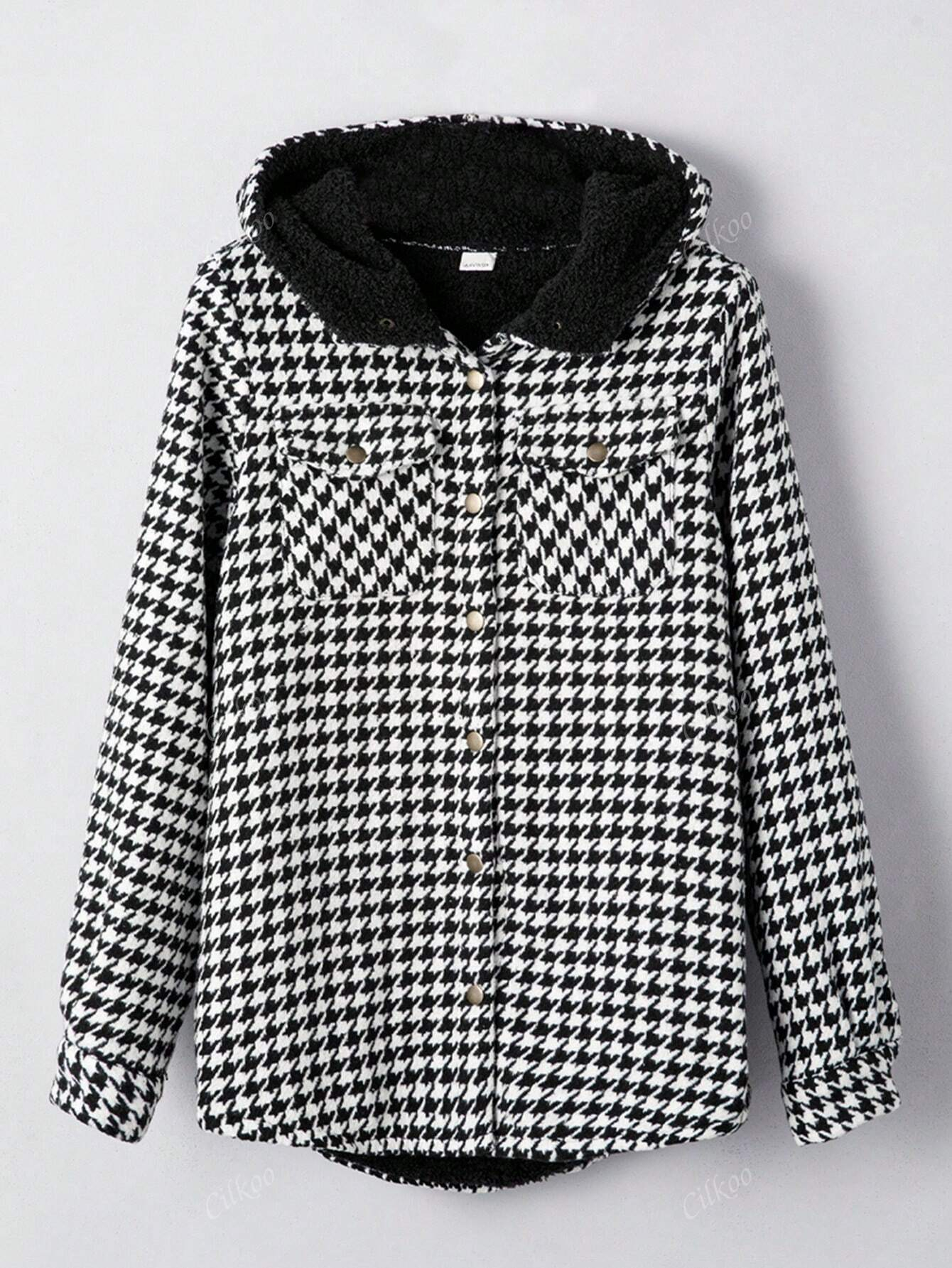 🔥Women's Casual Plaid Flap Pocket Hooded Fleece Teddy Bear Jacket