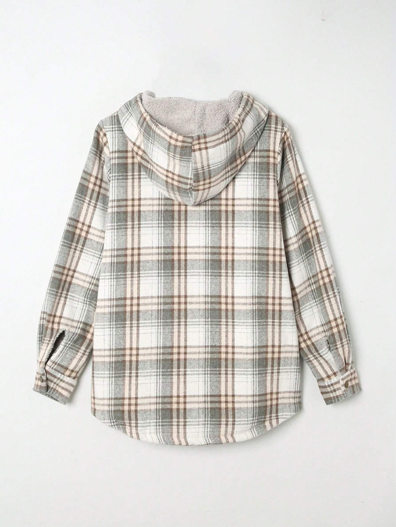 🔥Women's Casual Plaid Flap Pocket Hooded Fleece Teddy Bear Jacket