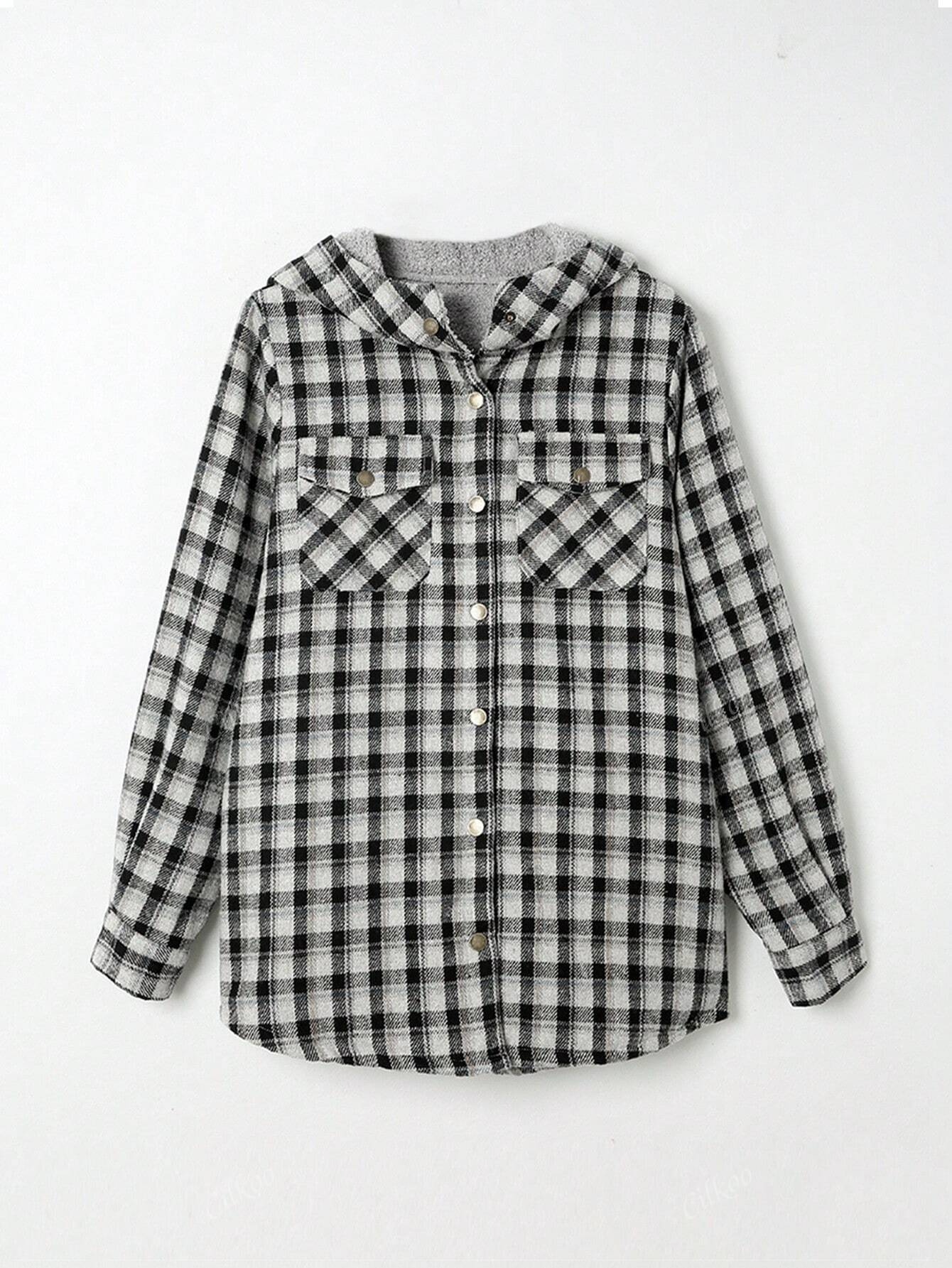 🔥Women's Casual Plaid Flap Pocket Hooded Fleece Teddy Bear Jacket