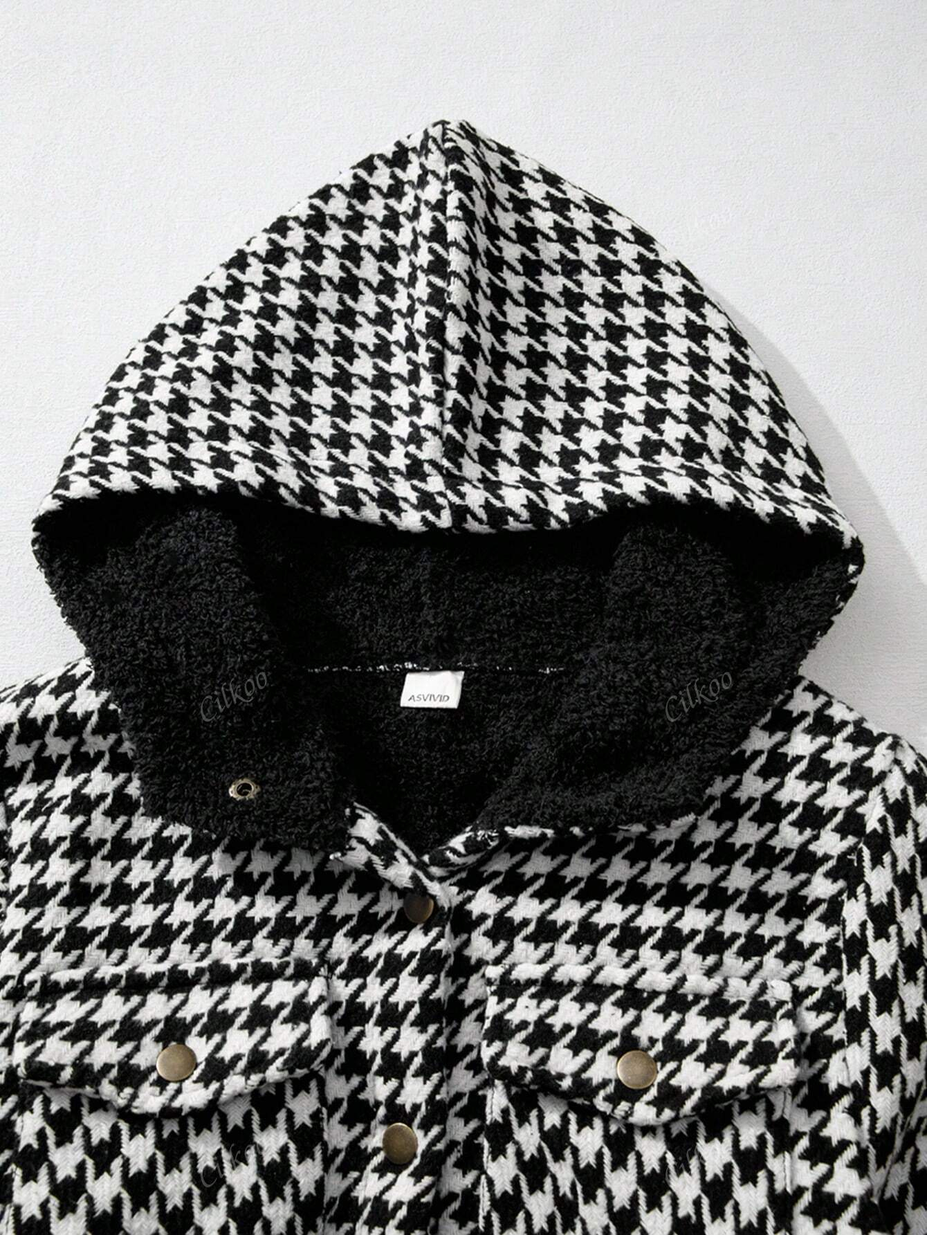 🔥Women's Casual Plaid Flap Pocket Hooded Fleece Teddy Bear Jacket