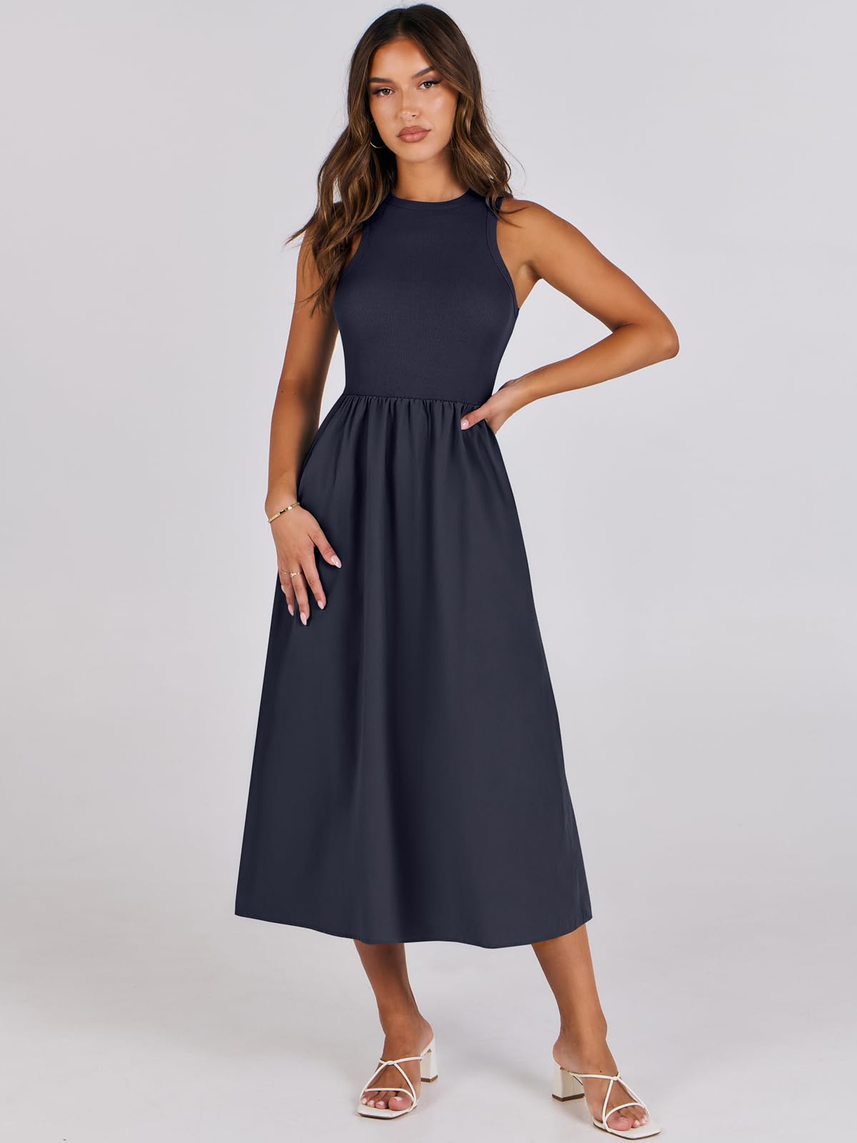 Women's Summer Casual Sleeveless Midi Sundress Knit High Neck Tank Top Racerback Flowy Dresses