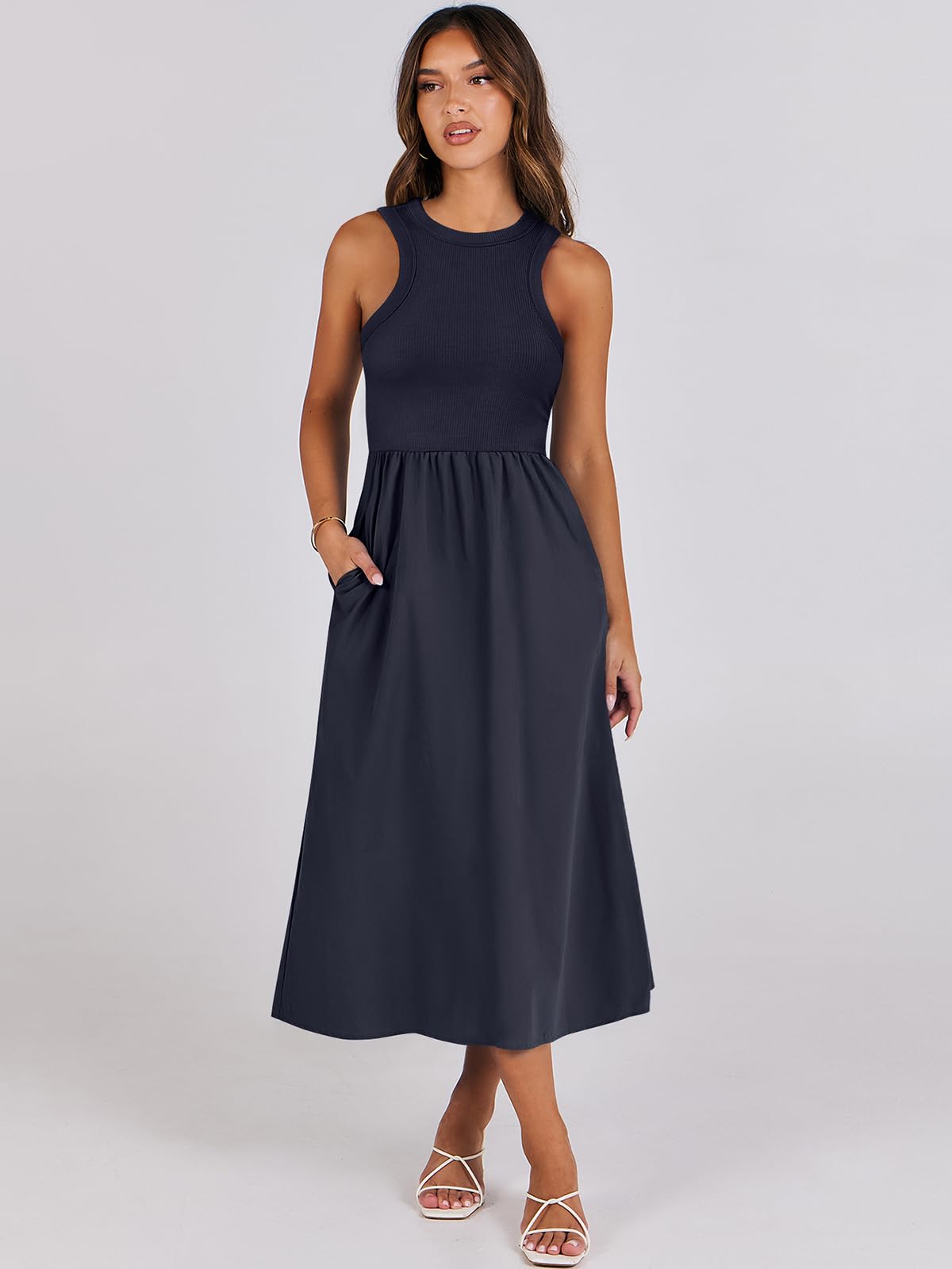 Women's Summer Casual Sleeveless Midi Sundress Knit High Neck Tank Top Racerback Flowy Dresses