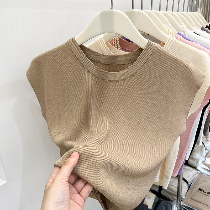 Casual Round Neck Knitted Ice Silk Sleeveless Top