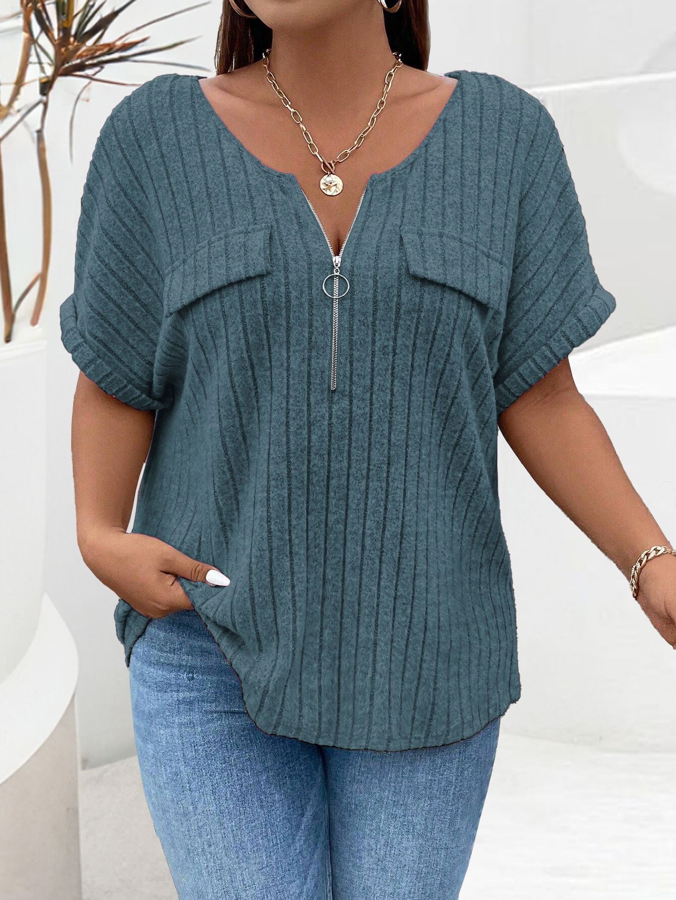 2025 Casual Plain Plus Size T-Shirt Ring Zipper
