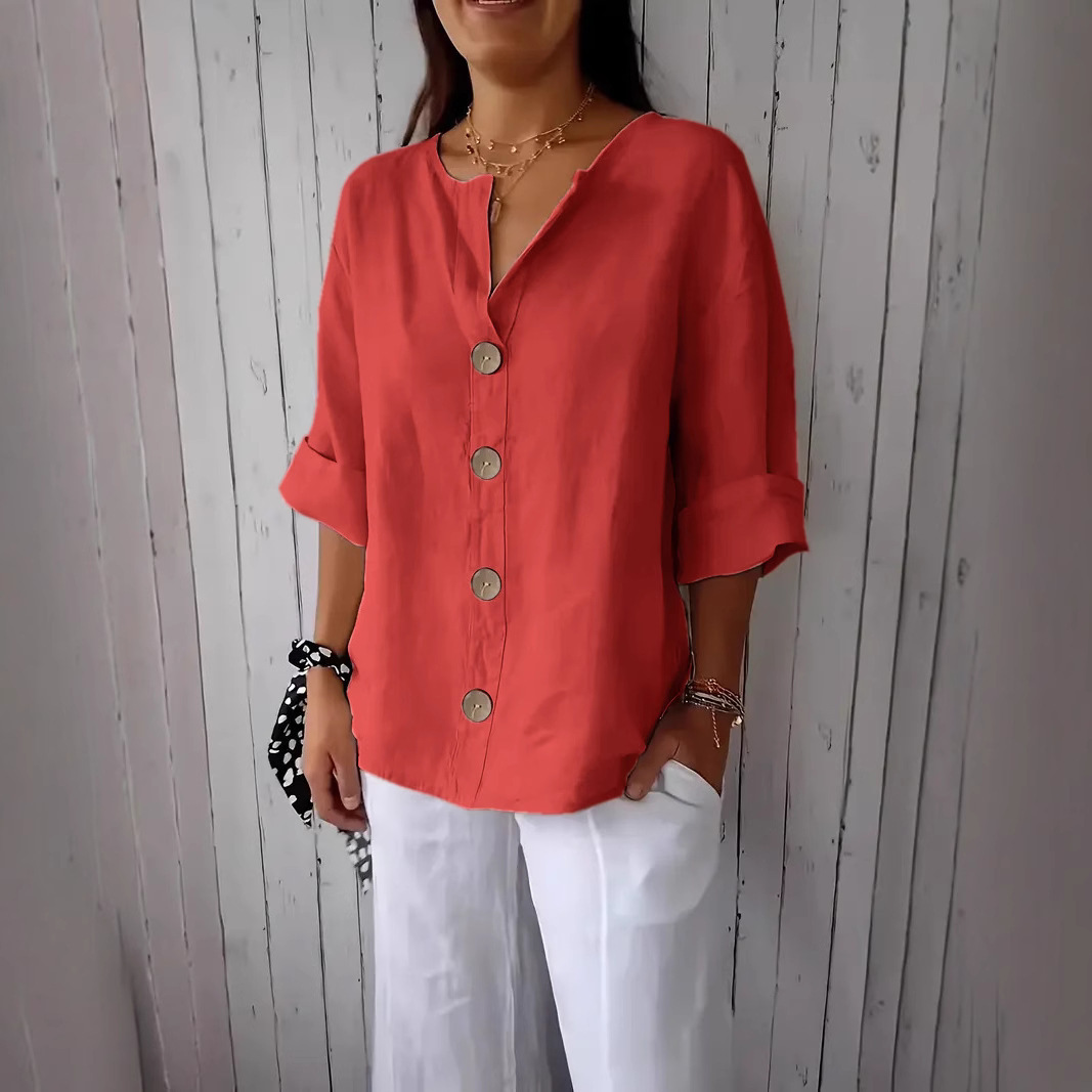 Loose V-Neck Cotton And Linen Button-Up Top
