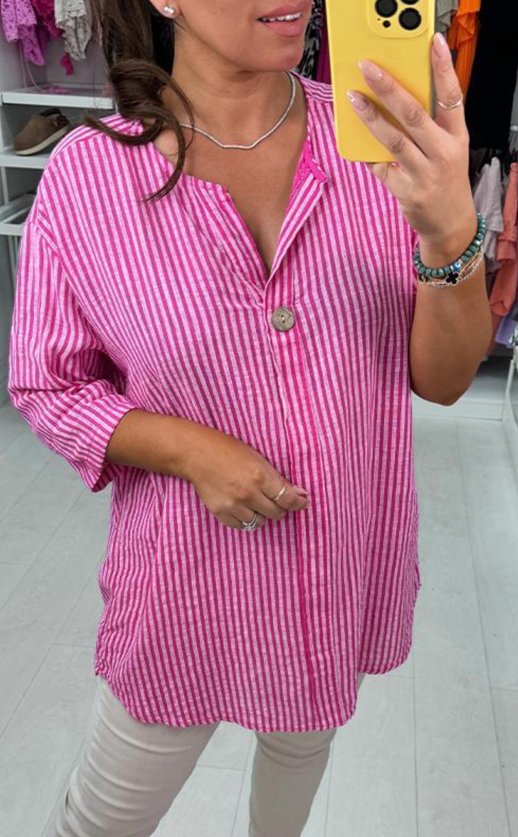 Casual Button Striped V-Neck Solid Color Shirt