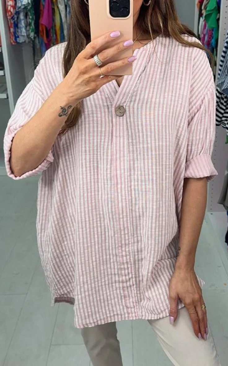 Casual Button Striped V-Neck Solid Color Shirt