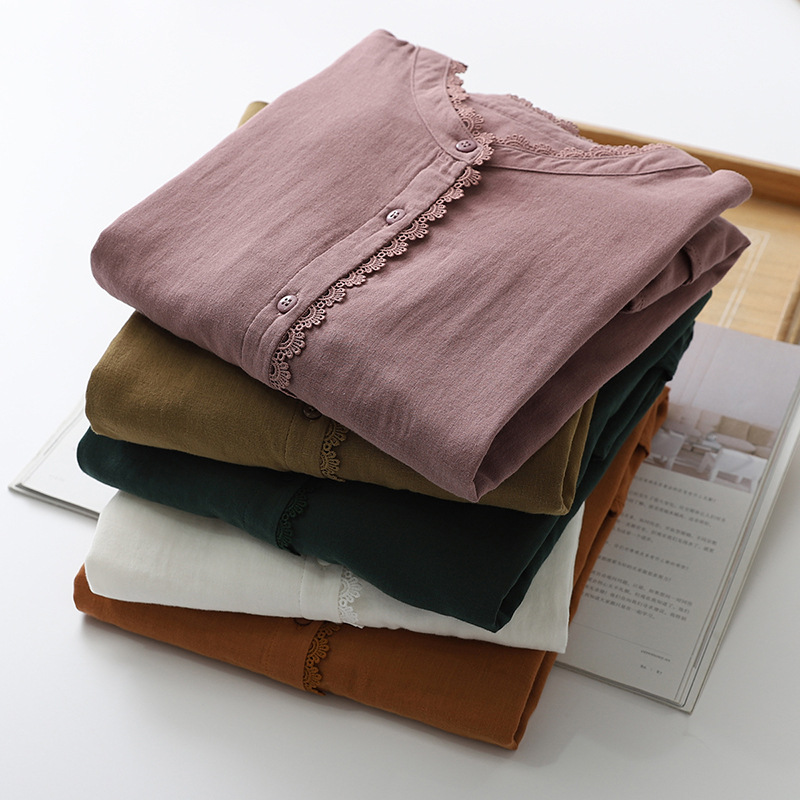 Double Cotton Stand Collar Lace Shirt