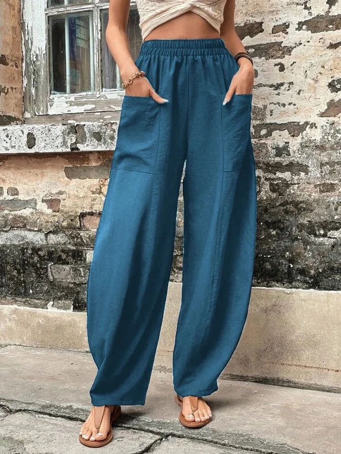 Casual Solid Color Elastic Pocket Pants