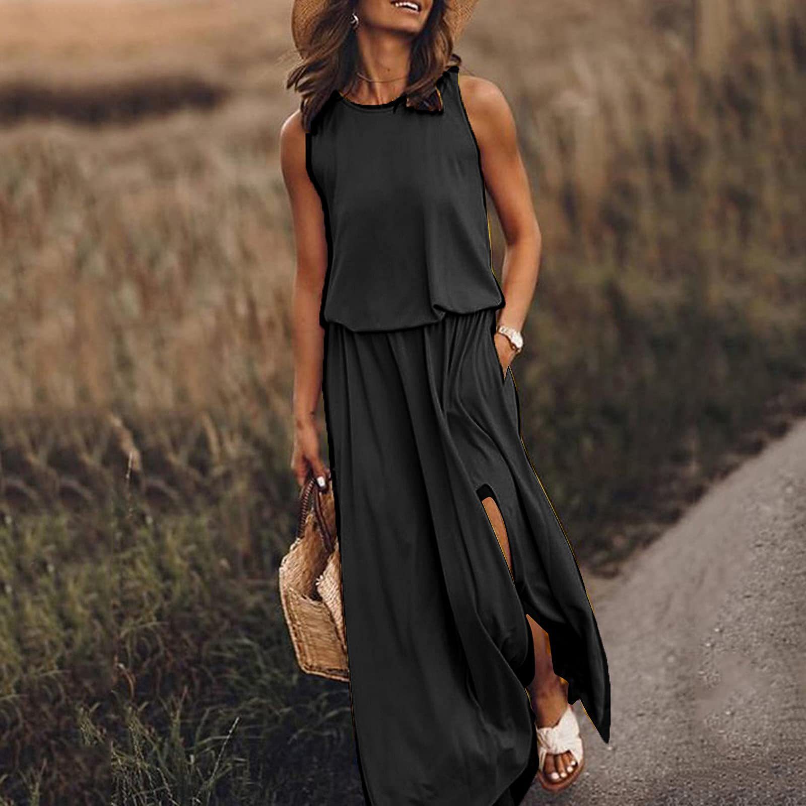 Round-Neck Sleeveless Slit Dress