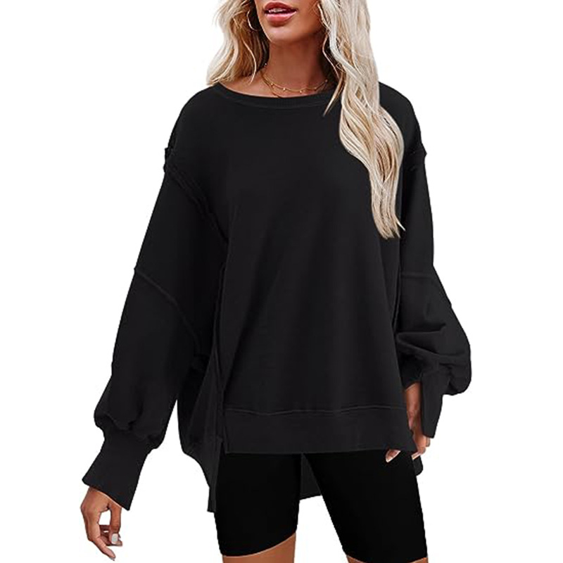 2024 Oversized crew neck sweatshirt with side slit long sleeve hoodie