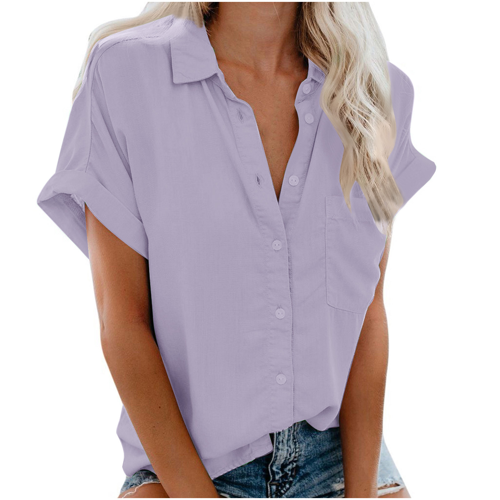 Cross-Border Exclusive For 2019 Summer Women'S Clothing Ebay Amazon Hot Short-Sleeved Women'S Lapel Button-Up Shirt Top 1918