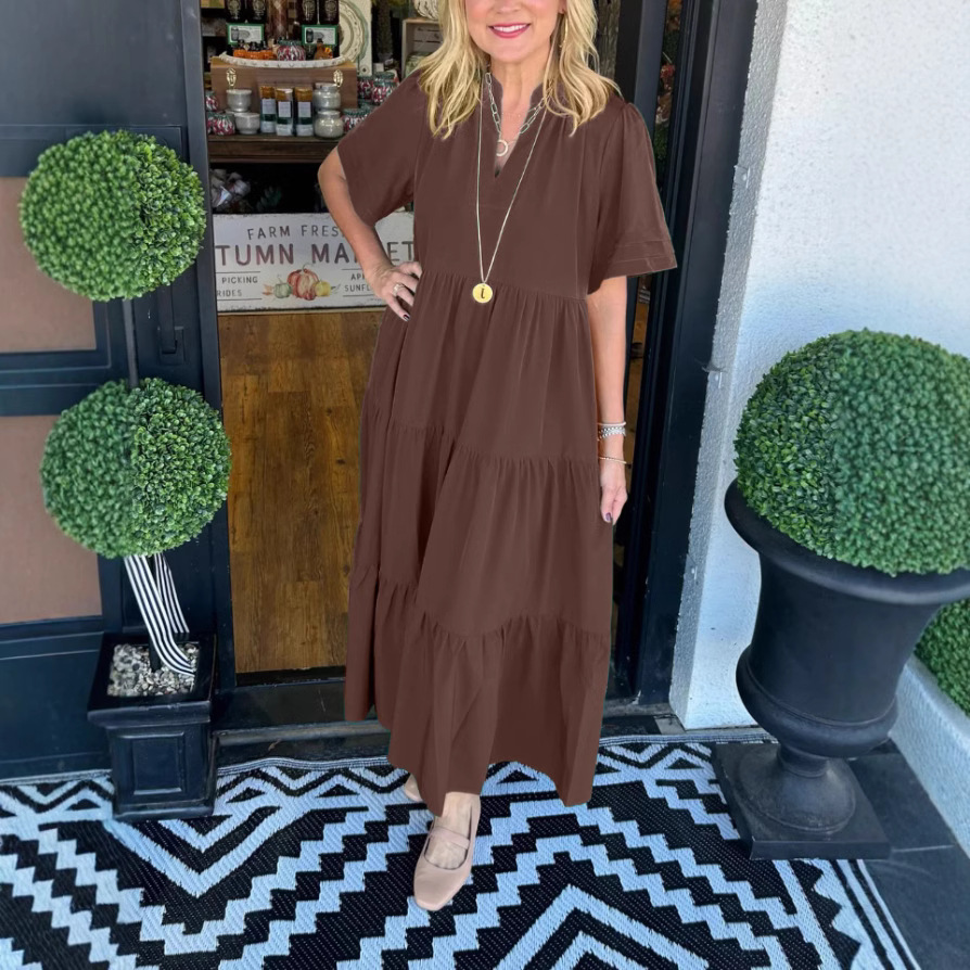 Women‘s Loose V-Neck Layered Pocket Dress