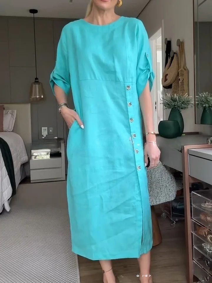 Casual Round-Neck Button-Down Slit Dress