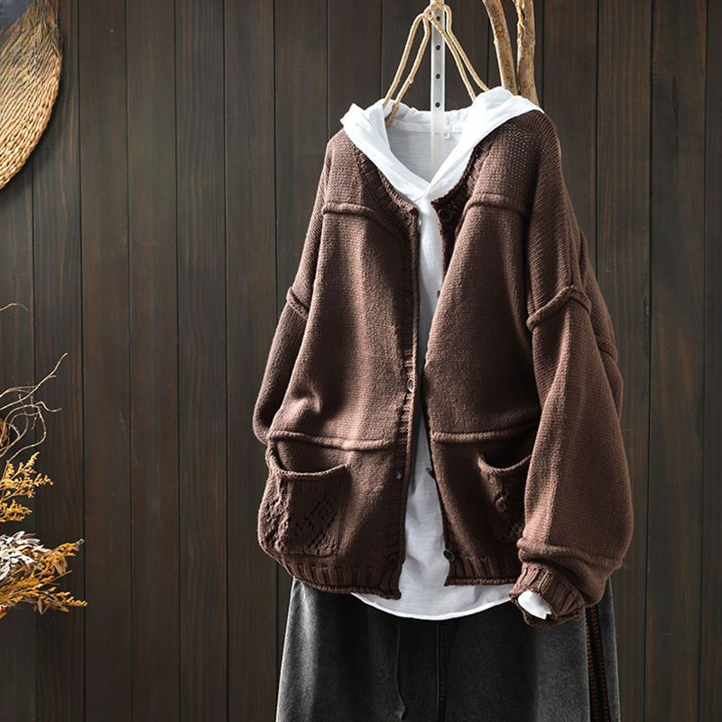 Casual Vintage Distressed Knitted Pocket Cardigan