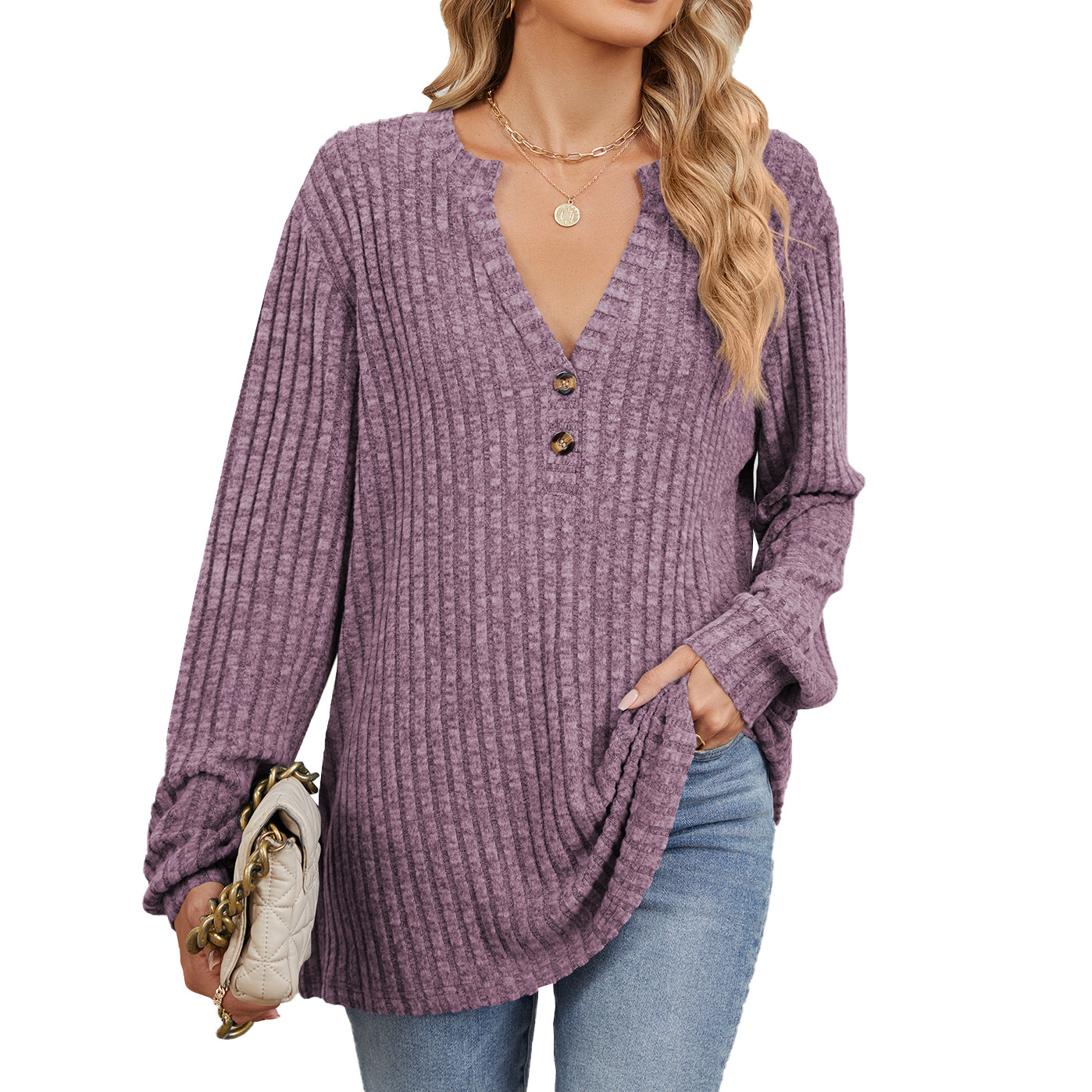 2024 New loose V-neck button-up long sleeve