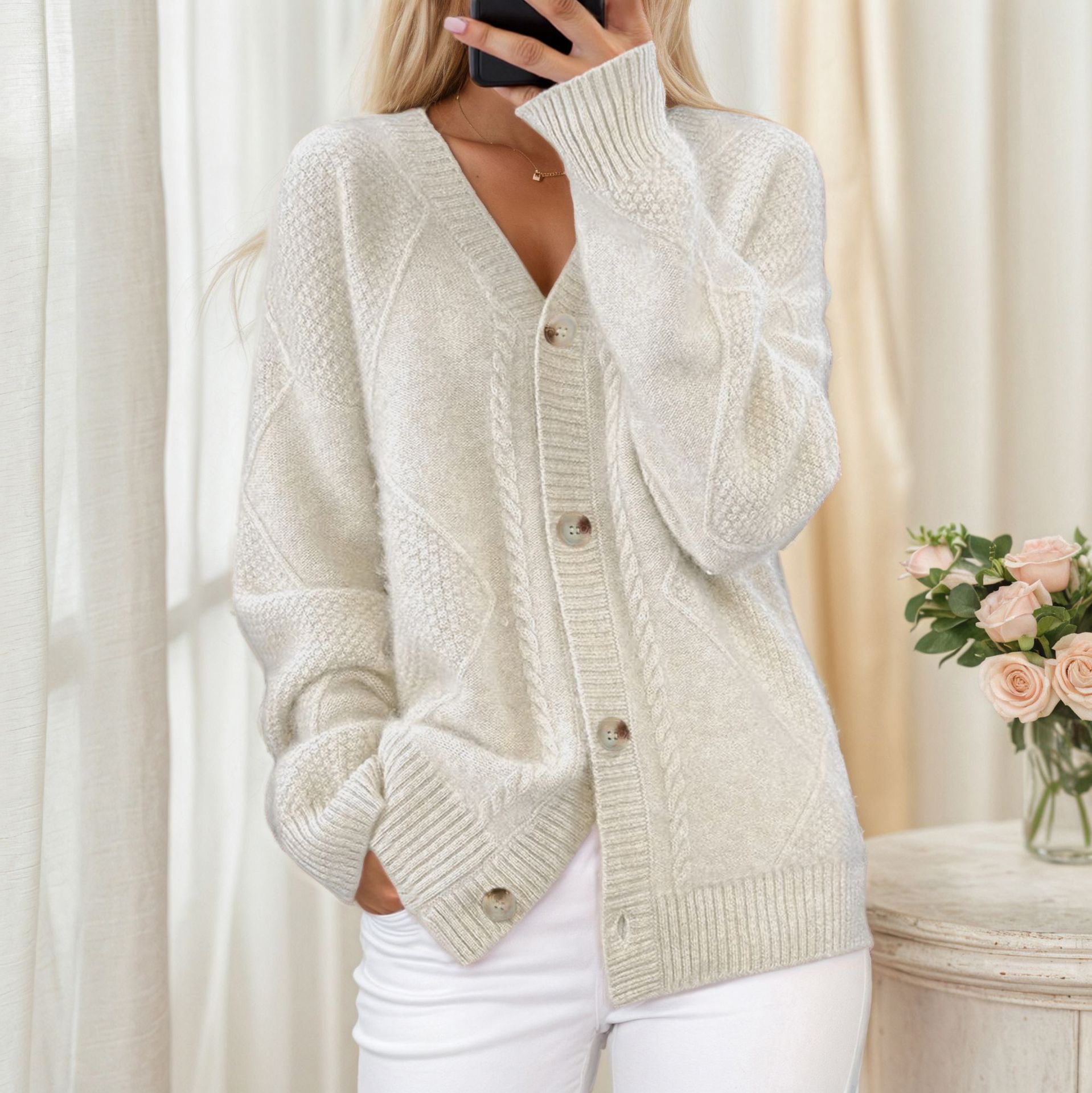 2025 New Solid Color Long Sleeve V Neck Knitted Cardigan Breasted Jacquard Sweater Jacket