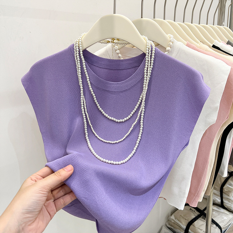 Casual Round Neck Knitted Ice Silk Sleeveless Top