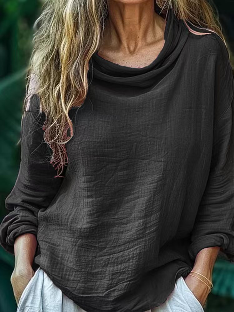 2025 Baggy solid color pile collar pullover pleated top