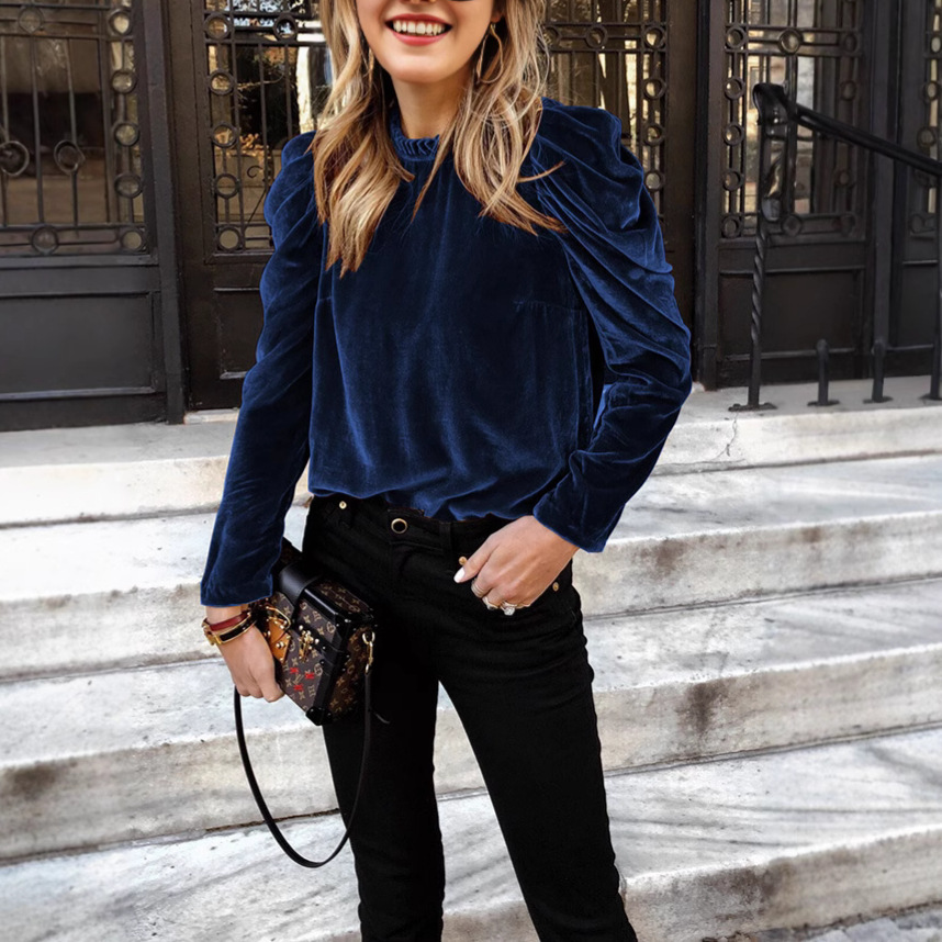 2024 Solid color loose velvet puffed sleeve top