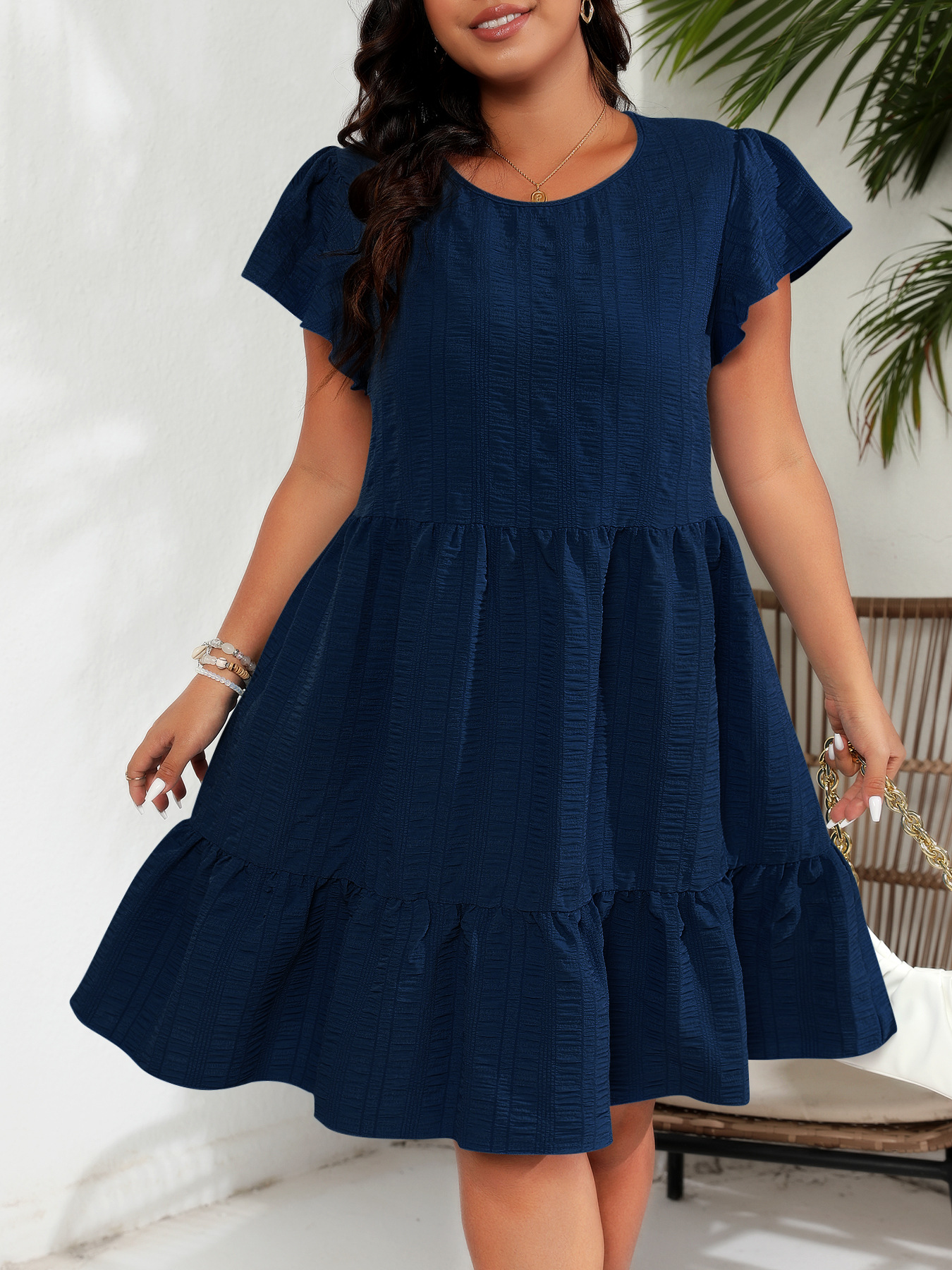 Plus-Size Round Neck Dress With Lotus Sleeves