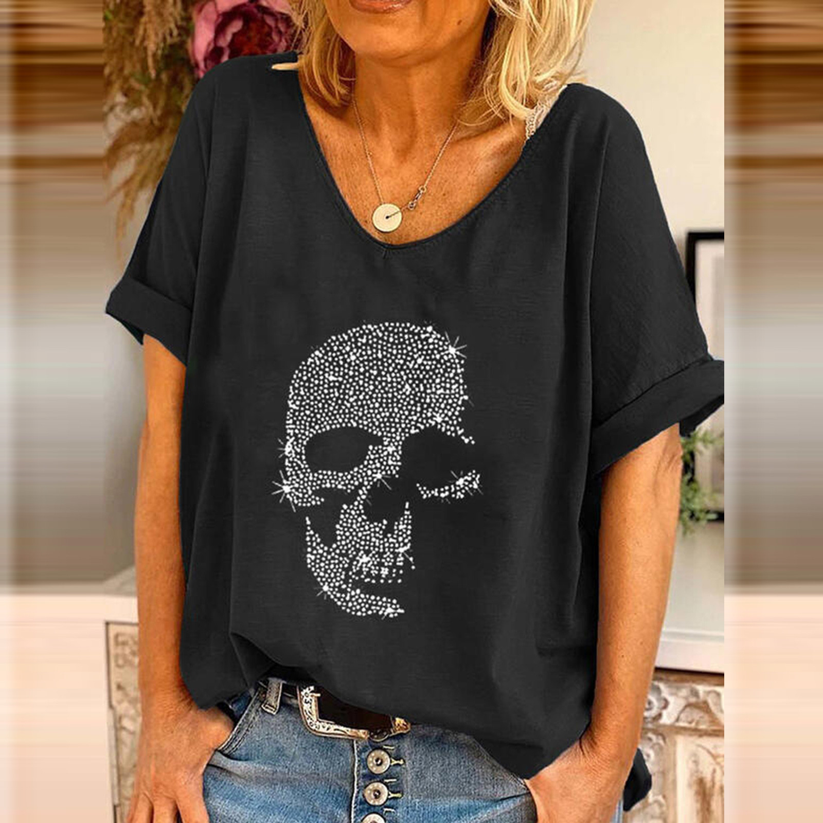 2024 spring new women's short-sleeved skull beaded T-shirt