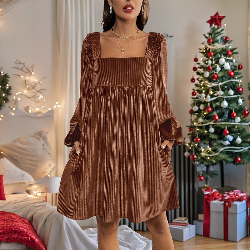🎄CHRISTMAS SALE🔥2025 New Christmas Velvet Square Neck Solid Color Dress