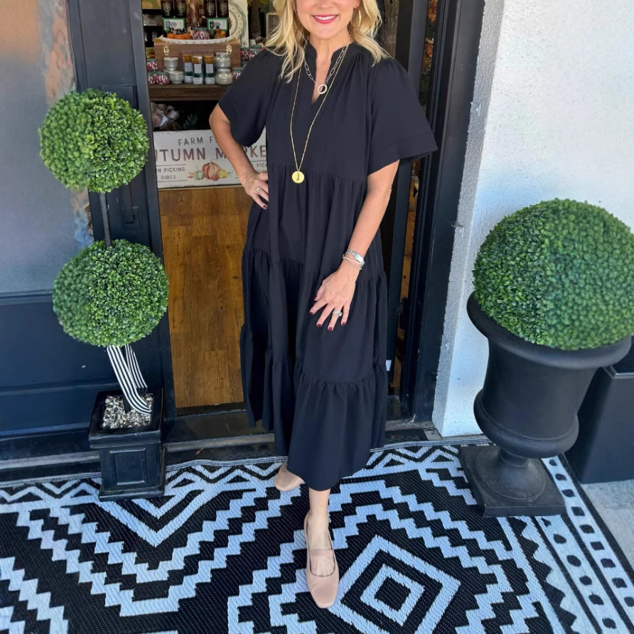 Women‘s Loose V-Neck Layered Pocket Dress