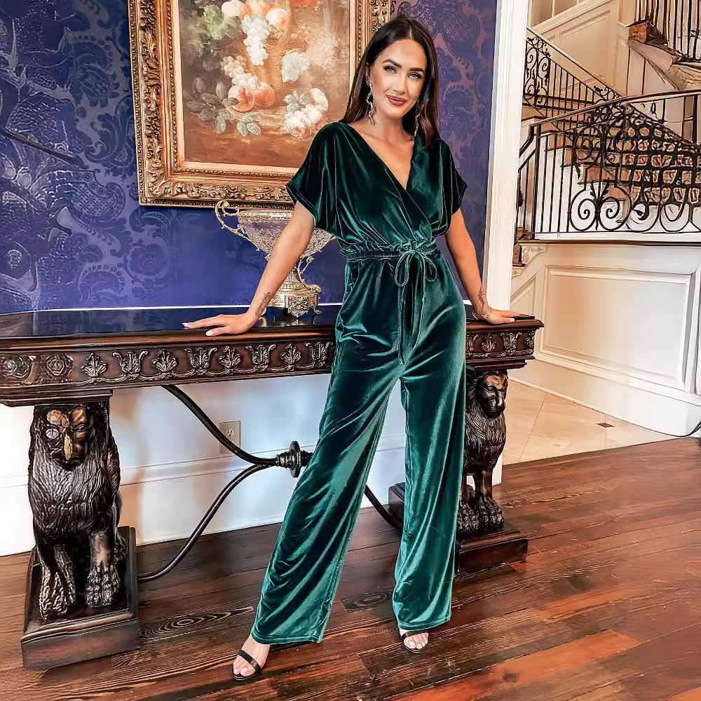 2024 New Christmas Velvet Wide Leg Lace-Up Jumpsuit