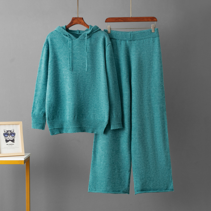 2025 Loose-fitting Casual Hooded Thick Wool Straight Wide-leg Two-piece set