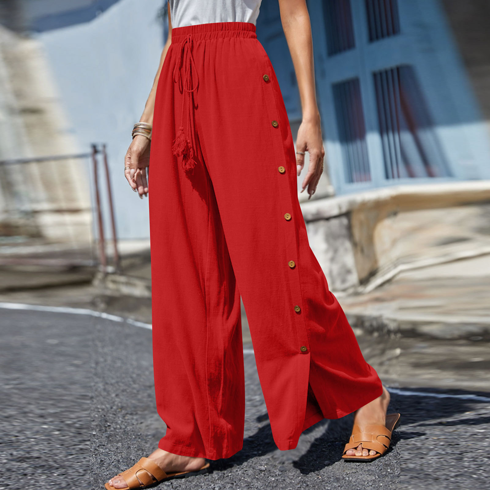 Solid color elastic-waist lace-up baggy wide-leg pants