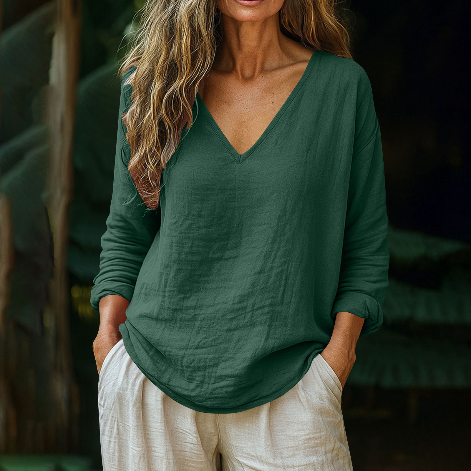 🌸2026 Spring/Summer New Casual Loose Cotton Linen Long-Sleeved V-Neck Top